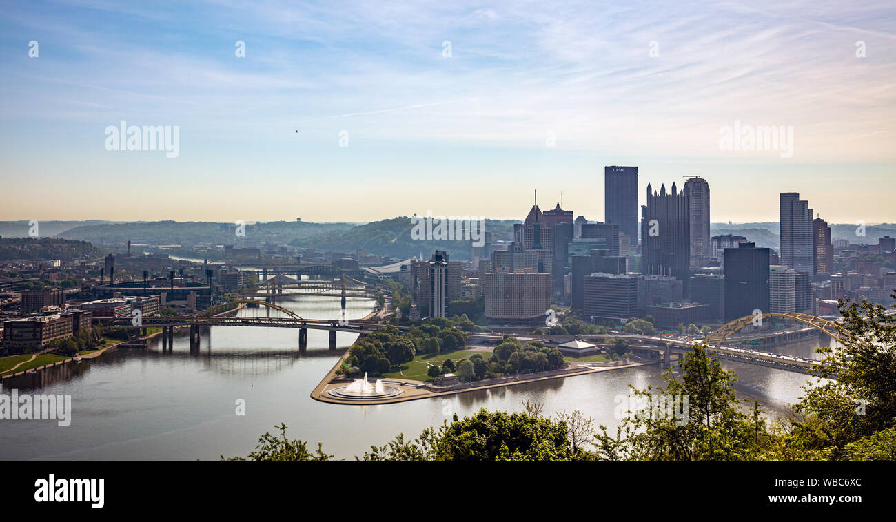 Pittsburgh Pennsylvania US of America, May 7th, 2019. Pittsburgh PA aerial view of the city downtown from Point of view park Stock Photo