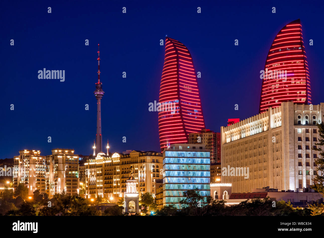 Flame towers and TV Tower, Baku, Azerbaijan Stock Photo