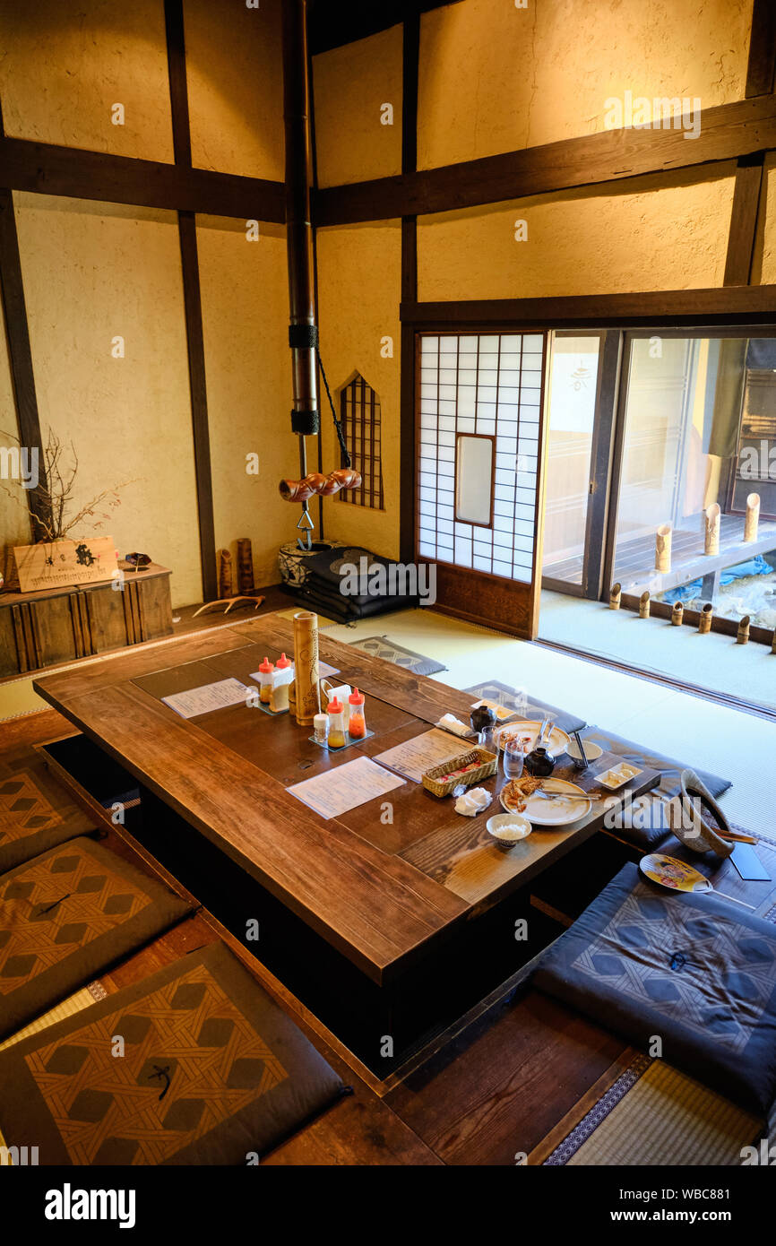 Interior of a traditional Japanese restaurant with tatami flooring and  design of the muromanchi period in the Naramanchi district Stock Photo -  Alamy