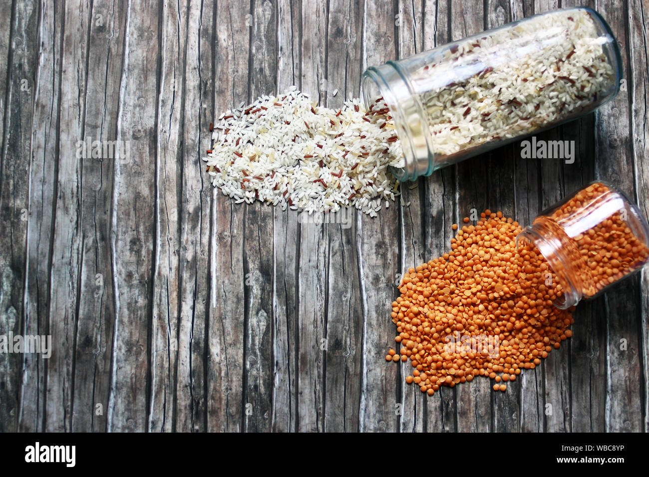 zero waste food products on wooden background table. Earthy tones, zero waste and plastic free concept Stock Photo
