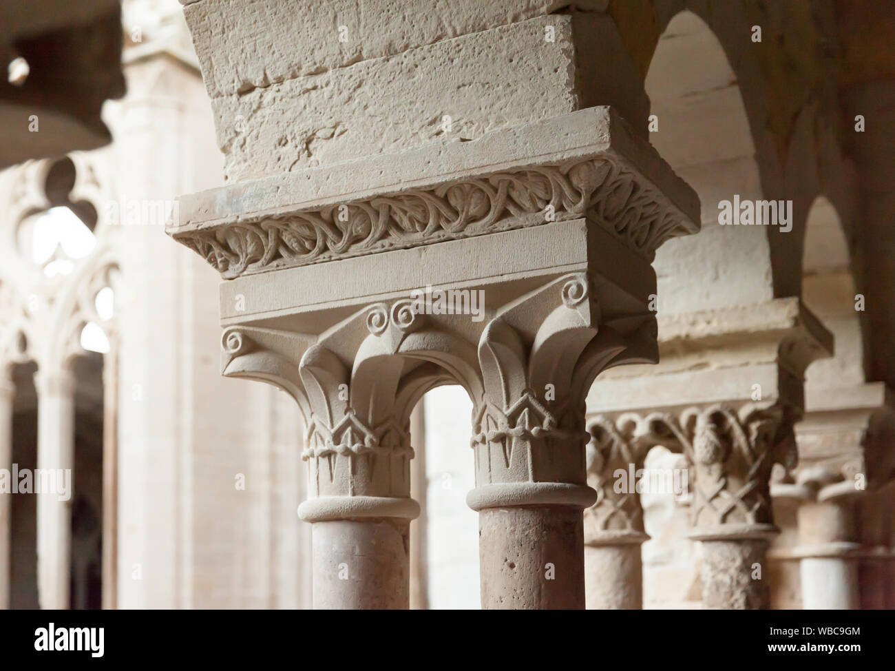 Closeup of details of decorative capitals of columns of cloister in Monastery of Santa Maria de Vallbona, Urgell, Catalonia, Spain Stock Photo