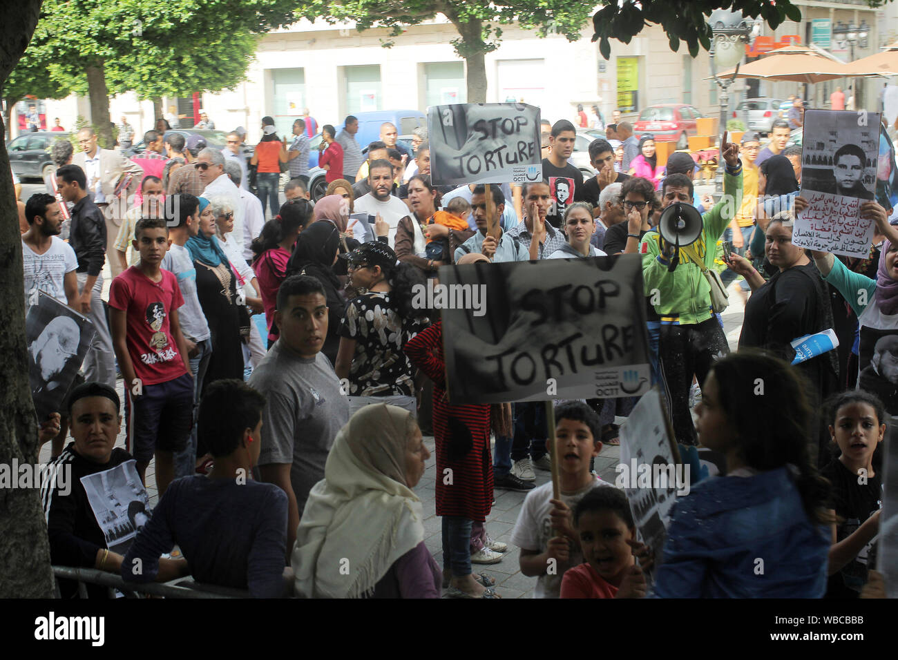 Tunis, Tunisia - 10.15.2014 - people protesting against violence Stock Photo