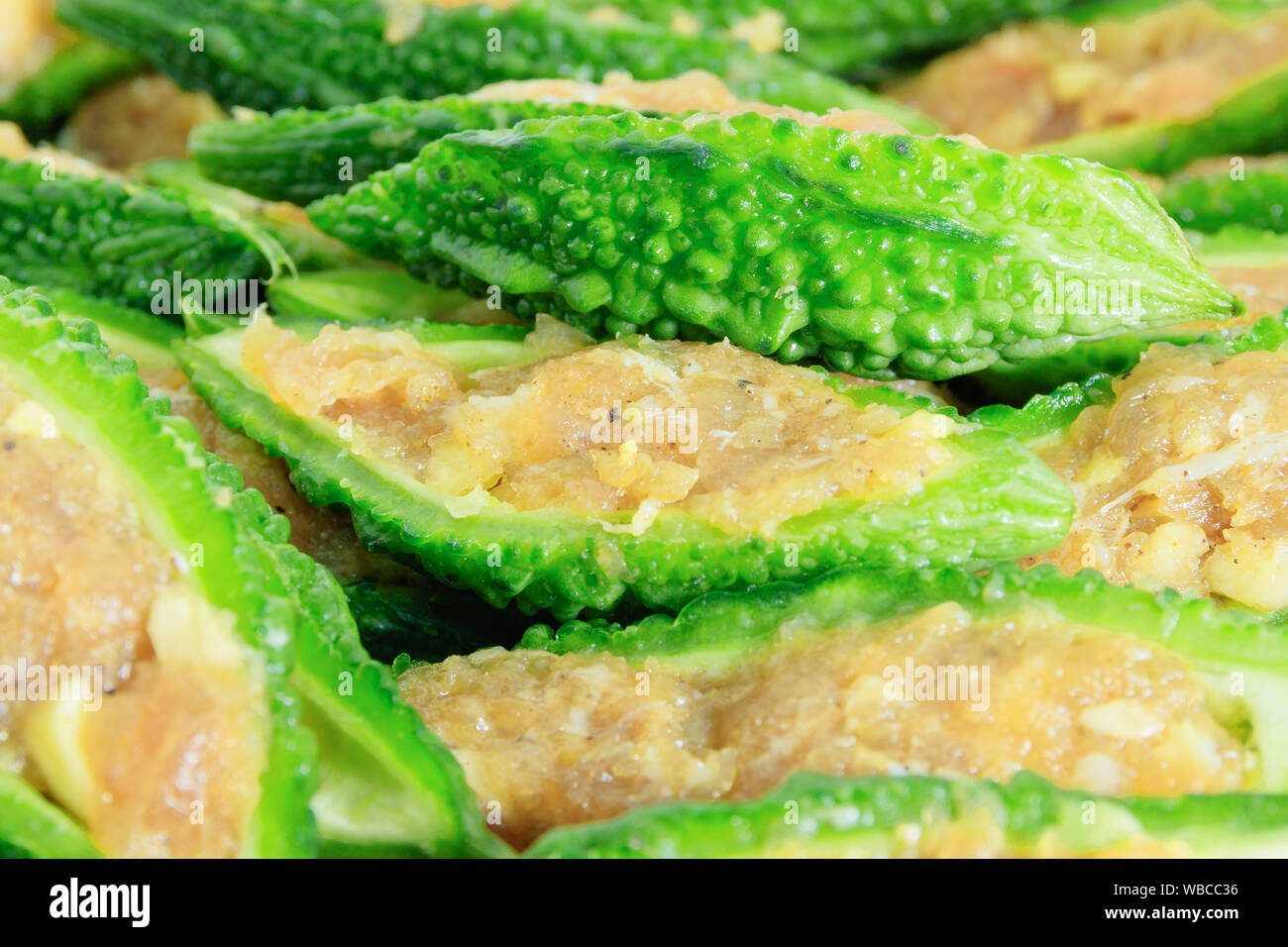 Close Up Bitter Gourd Pile With Stuffed Hack Pork And Garlic Black Pepper Ingredient Vegetable Herb Nourish The Health Body Thai Food Stock Photo Alamy