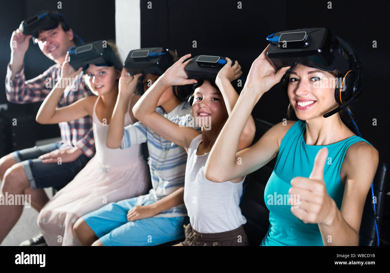 Family of five are satisfied after watching movie in VR glasses Stock ...