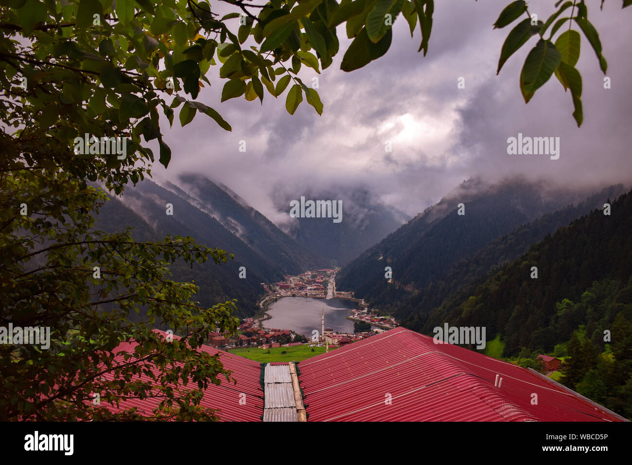 Uzungol lake view (Long lake) top view of the mountains and lake in Trabzon. Famous touristic place in Uzungol, Trabzon, Turkey Stock Photo