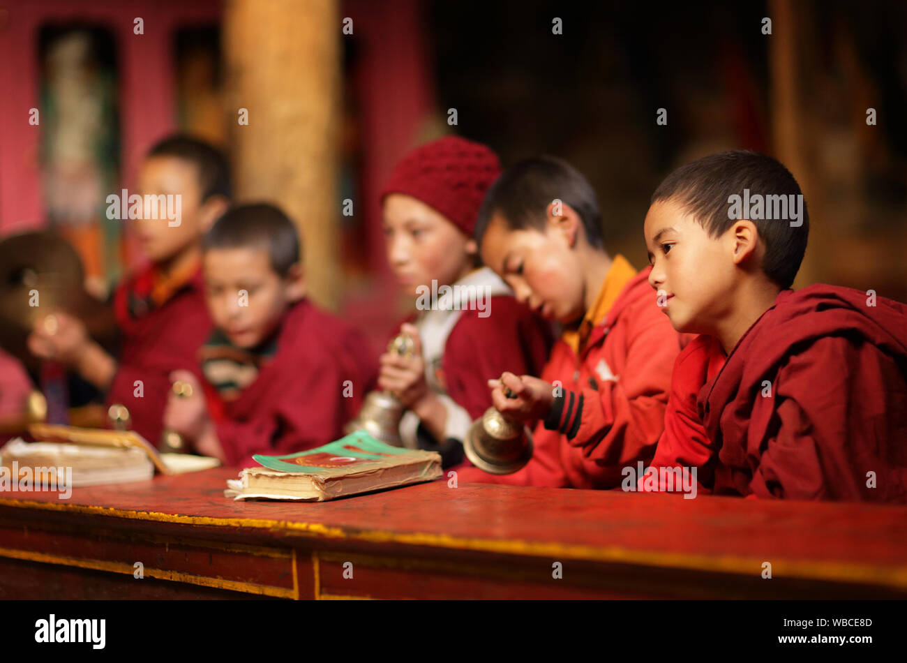 Buddhist novices attend the famous 3-days annual Mahakala Puja in Lamayuru monastery, Ladakh, India Stock Photo