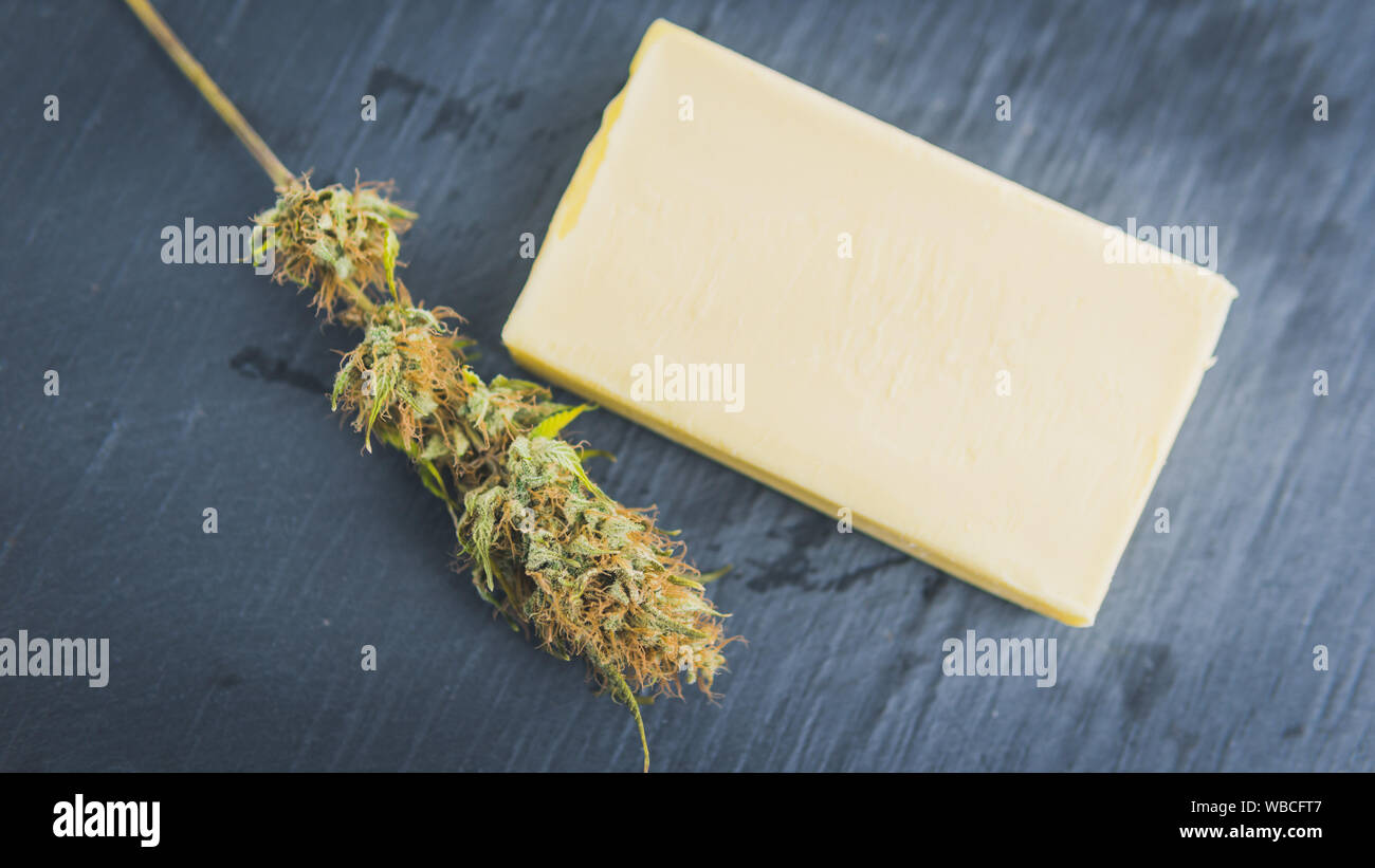Preparing to cooking cake with cannabis butter. Concept of using