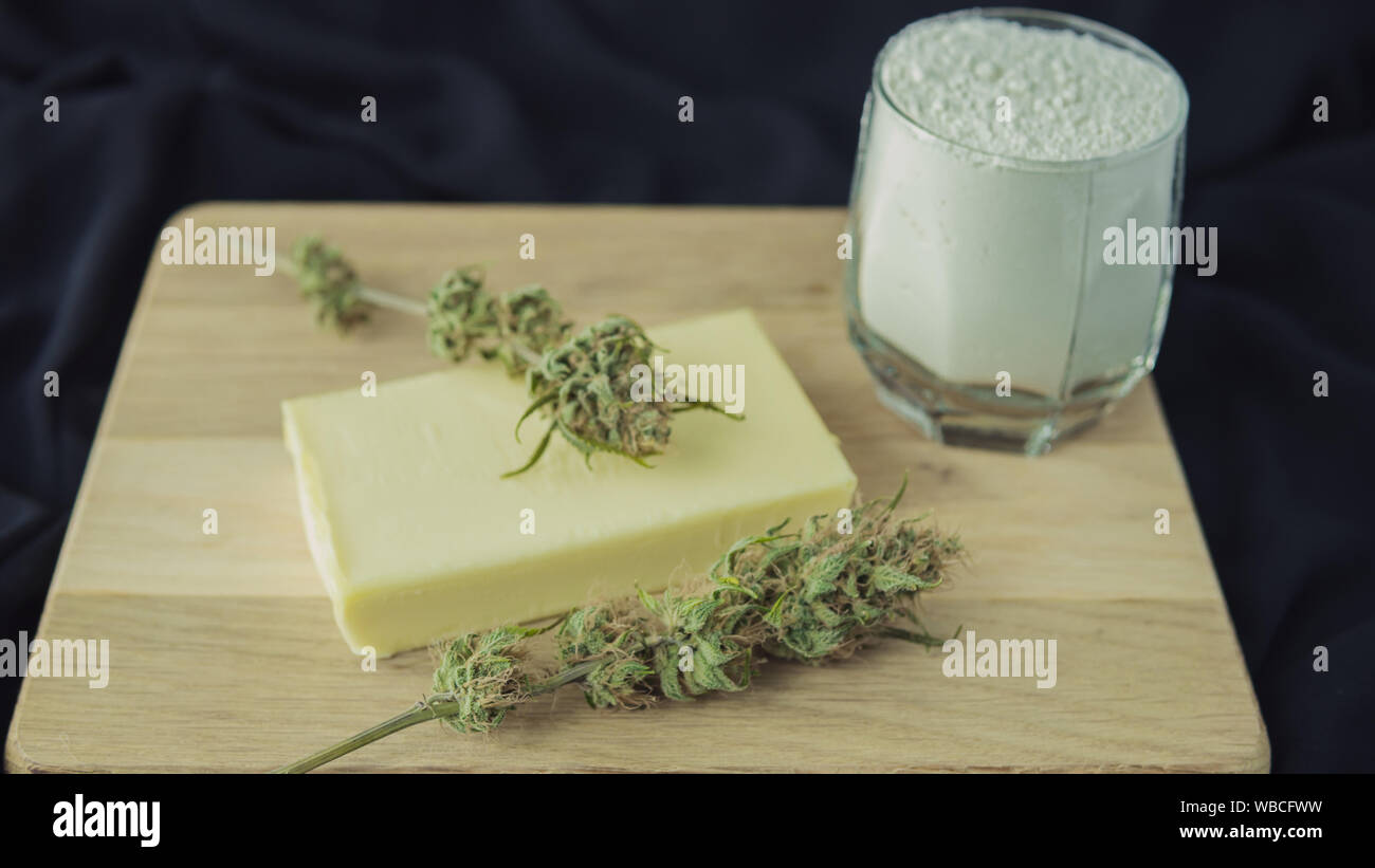 Preparing to cooking cake with cannabis butter. Concept of using