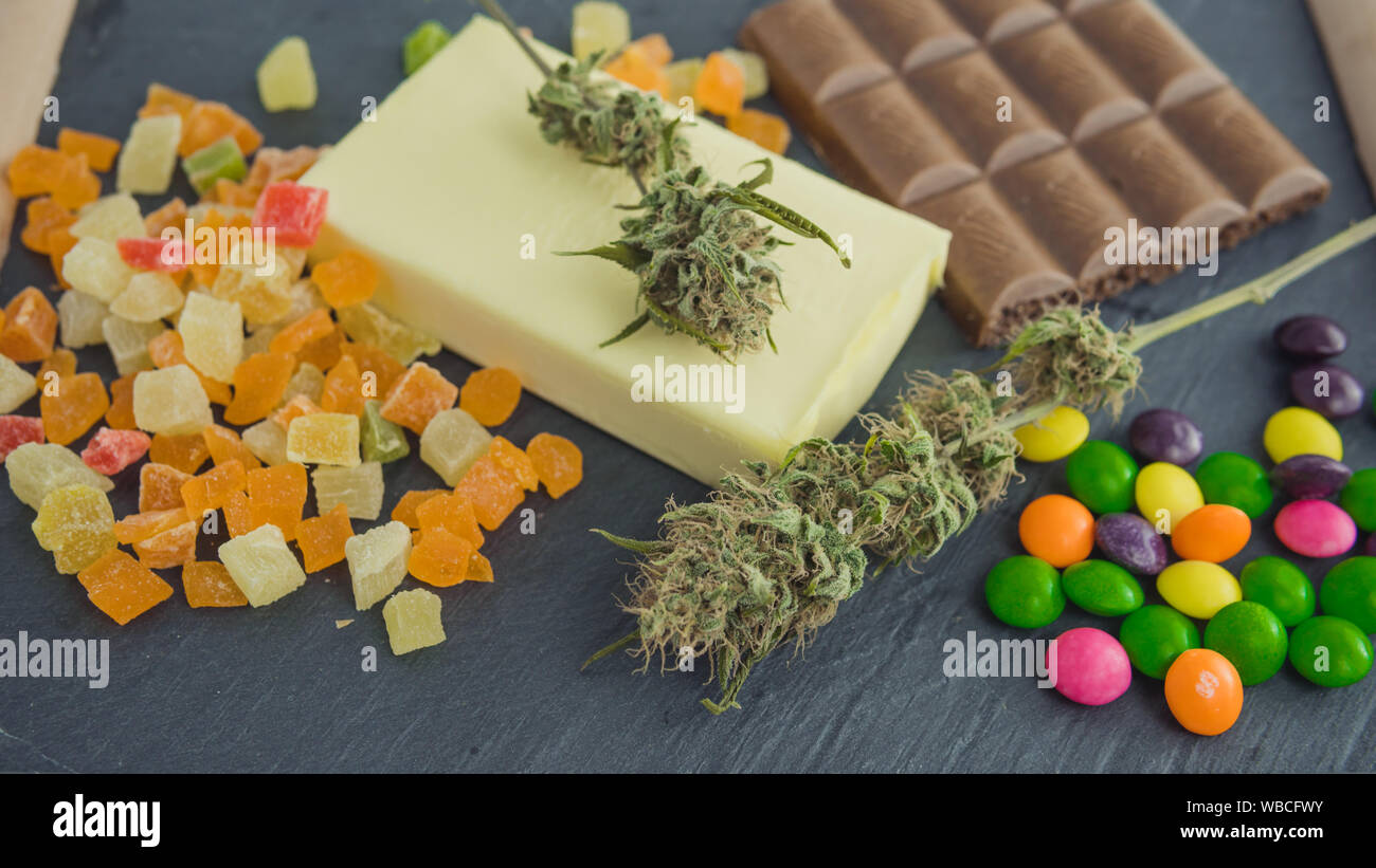 Preparing To Cooking Cake With Cannabis Butter Concept Of Using Marijuana In Food Industry Cake With Cbd Cannabis And Buds Of Marijuana On The Table Stock Photo Alamy
