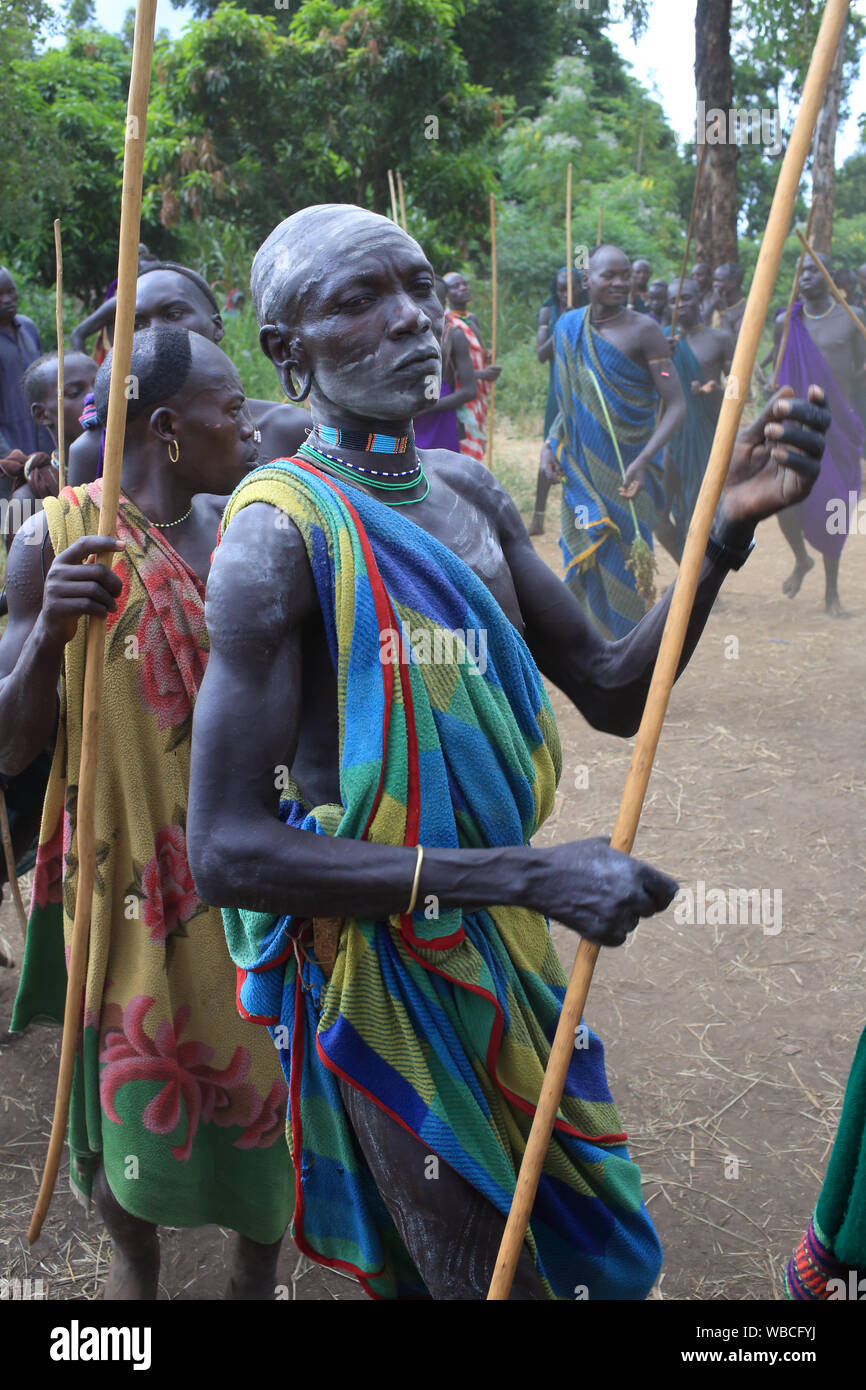 Suri warrior at a ceremony South Omo near Kibish, Ethiopia. Stock Photo