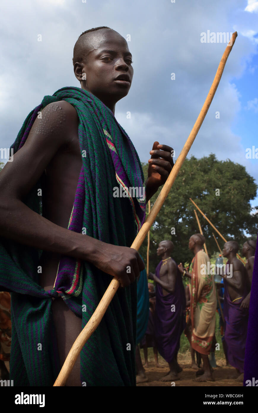 Suri warrior at a ceremony South Omo near Kibish, Ethiopia. Stock Photo