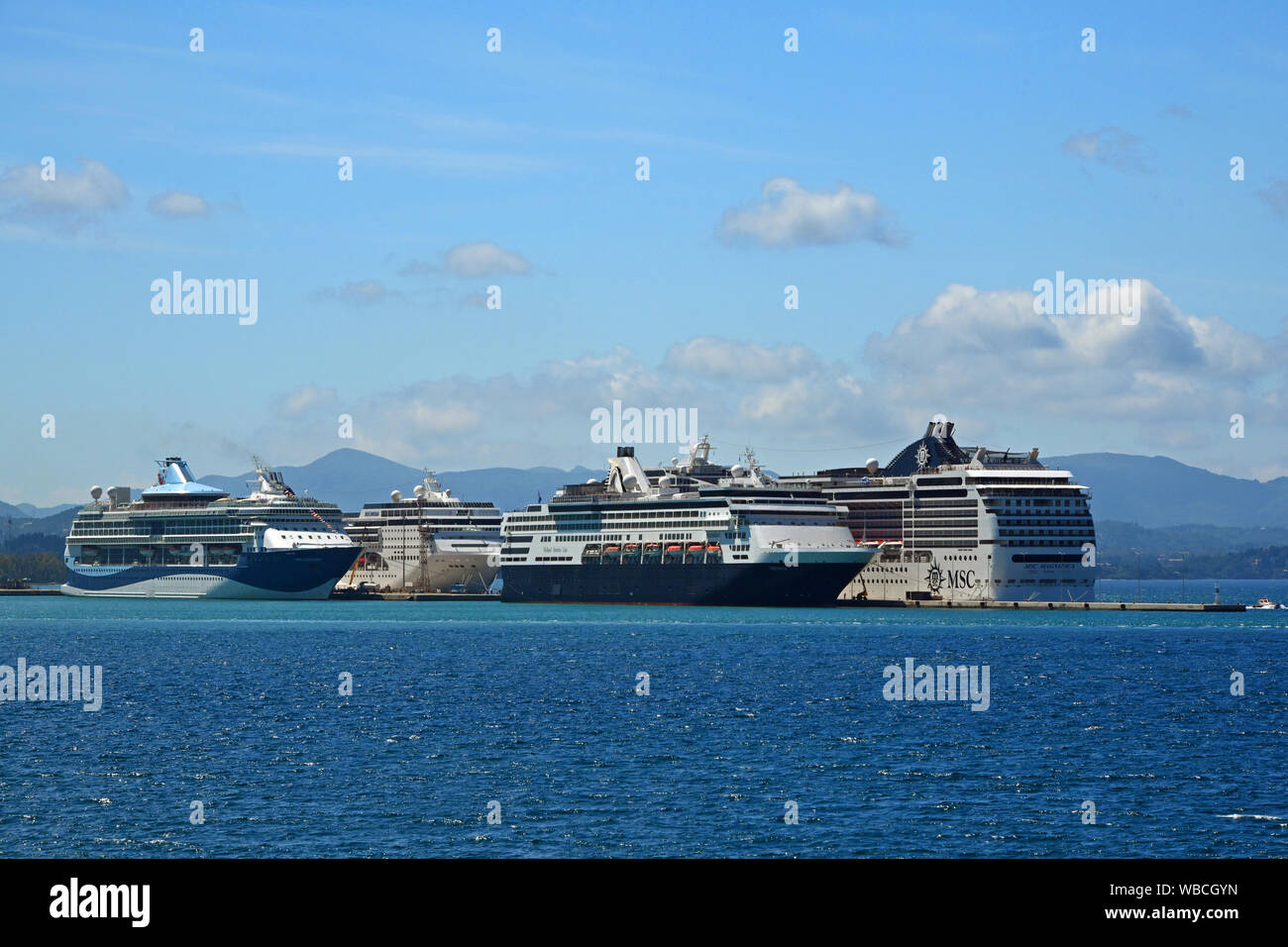 Cruise ships moored off Corfu Town, Greece Stock Photo