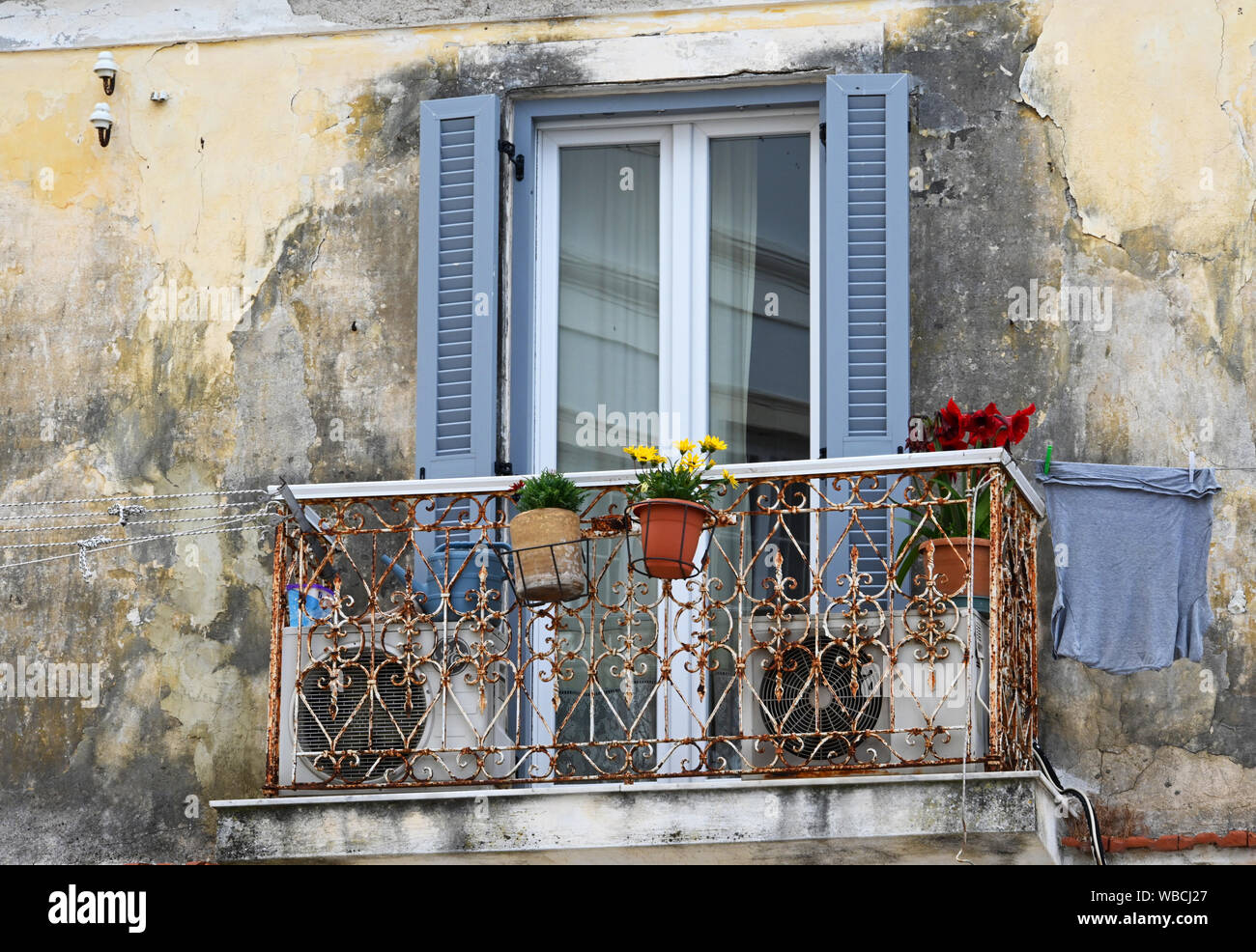 Old balcony in Corfu Old Town, Kerkyra, Corfu, Greece Stock Photo