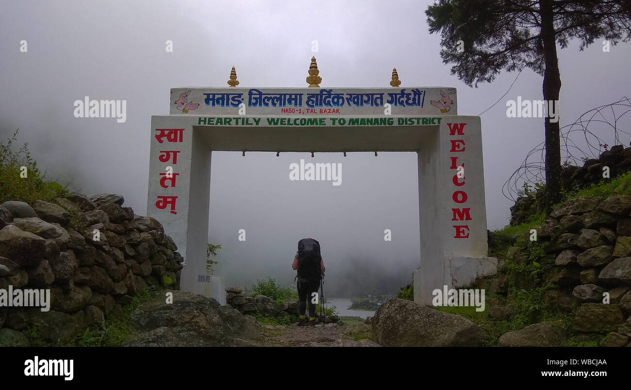 White welcome gate at Manang, Nepal Stock Photo
