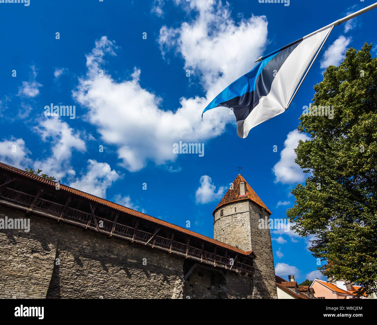 A flying Estonian national flag with the beautiful Lower Town Wall and its towers in Tallinn old town, Estonia Stock Photo