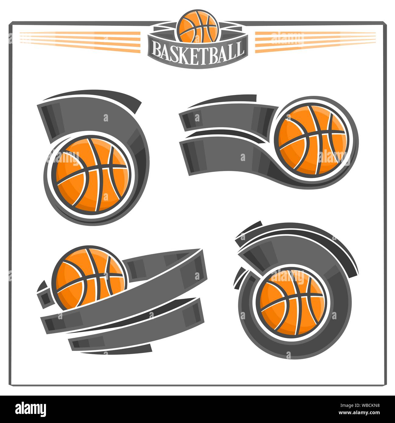 Vector logo for vintage emblems with orange basketball balls and black ribbons for text, isolated on white background. Stock Vector