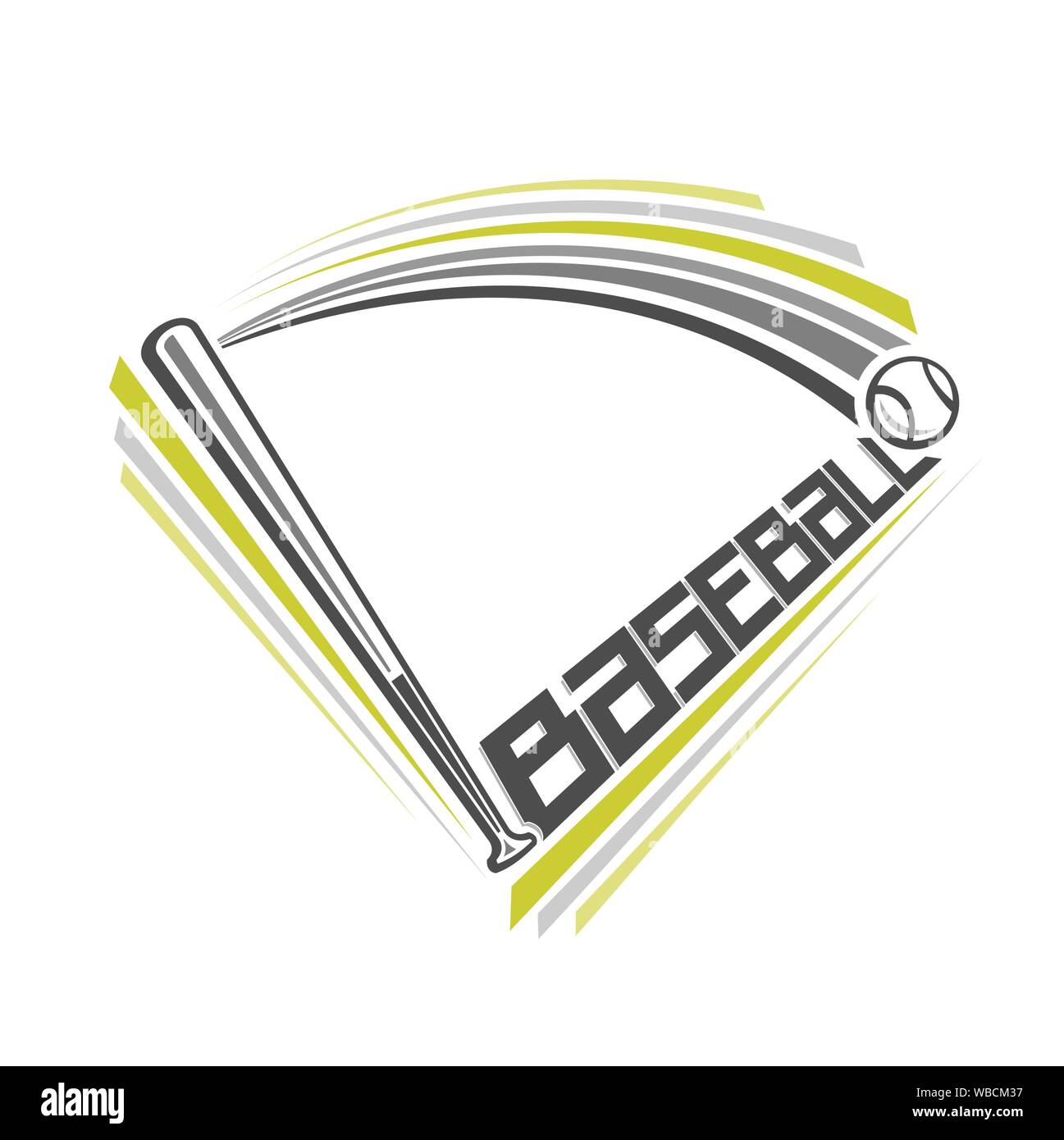 Vector illustration of logo for baseball club, consisting of flying on trajectory baseball ball, hitting bat on ball. Stock Vector
