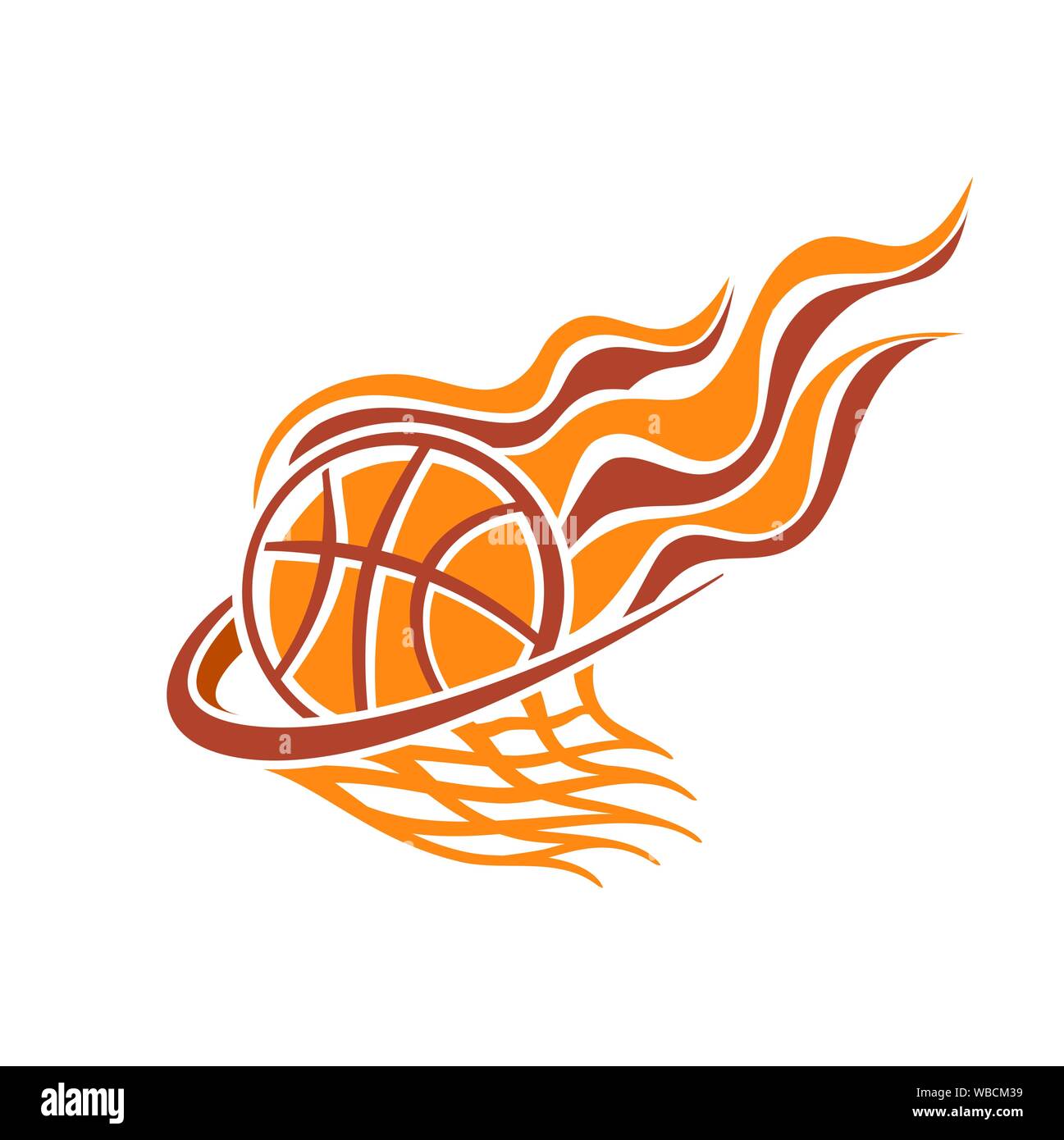 Vector logo for basketball club, consisting of orange burning basketball ball in basket with net  on white background. Stock Vector