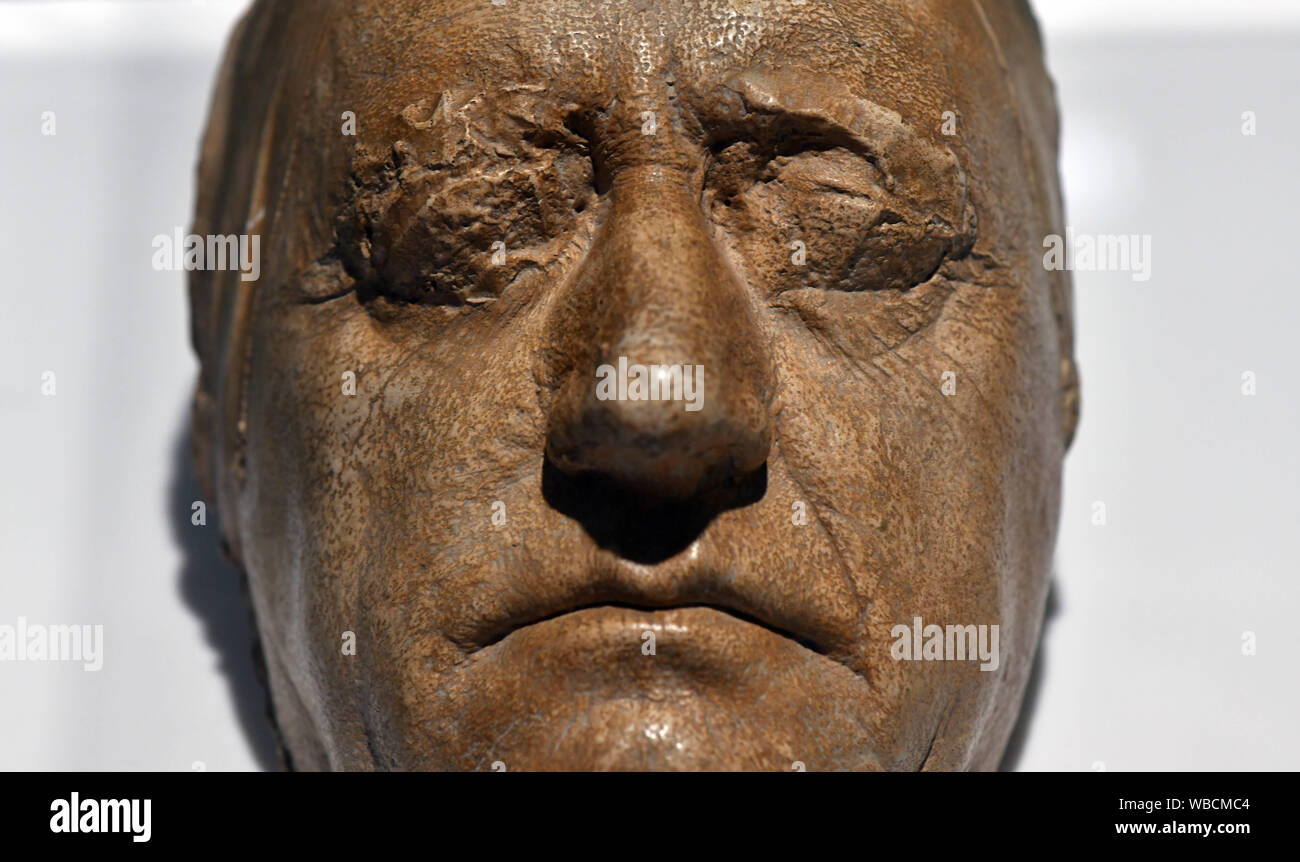 Weimar, Germany. 26th Aug, 2019. A cast of Goethe's life mask is shown in the exhibition 'Adventures of Reason. Goethe and the Natural Sciences around 1800'. Among other things, the KLassik Foundation is showing 400 objects from Goethe's own scientific collection of 23,000 animal and plant preparations, minerals and experimental devices from Johann Wolfgang von Goethe's own natural science collection in the show, which can be seen at the Schiller Museum Weimar from 27 August to 5 January. Credit: Martin Schutt/dpa-Zentralbild/dpa/Alamy Live News Stock Photo
