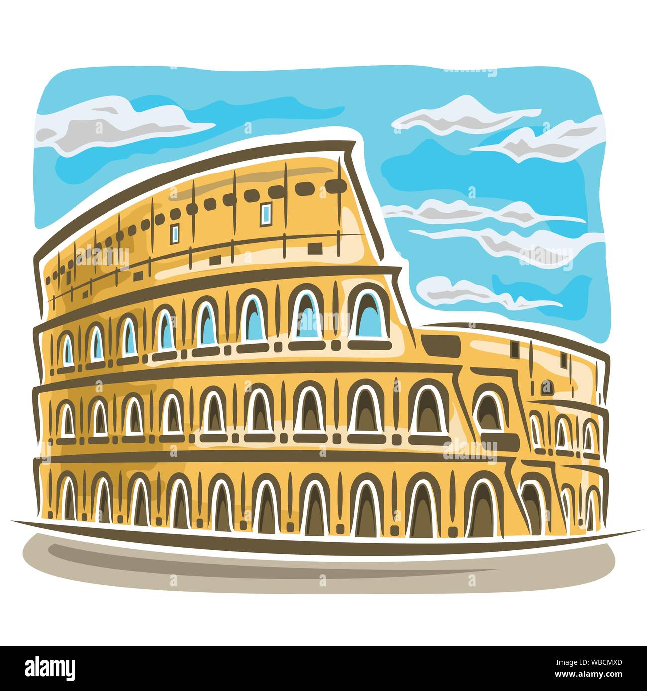 Vector illustration of Coliseum in Rome on blue sky background with clouds. Roman arena for gladiatorial fights. Stock Vector