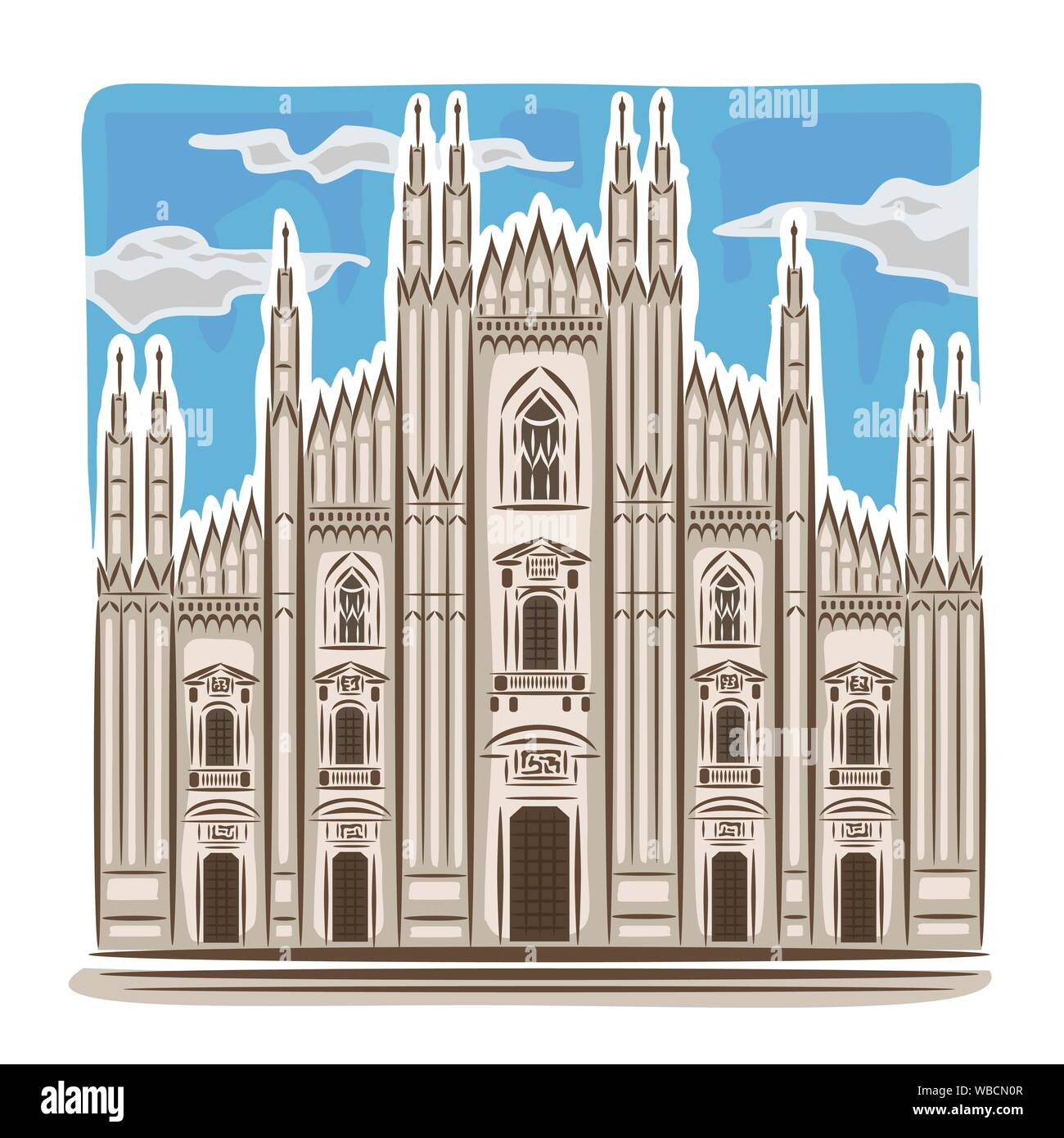 Vector illustration of Milan Cathedral located in Italy on blue sky background with clouds, European landmarks Stock Vector