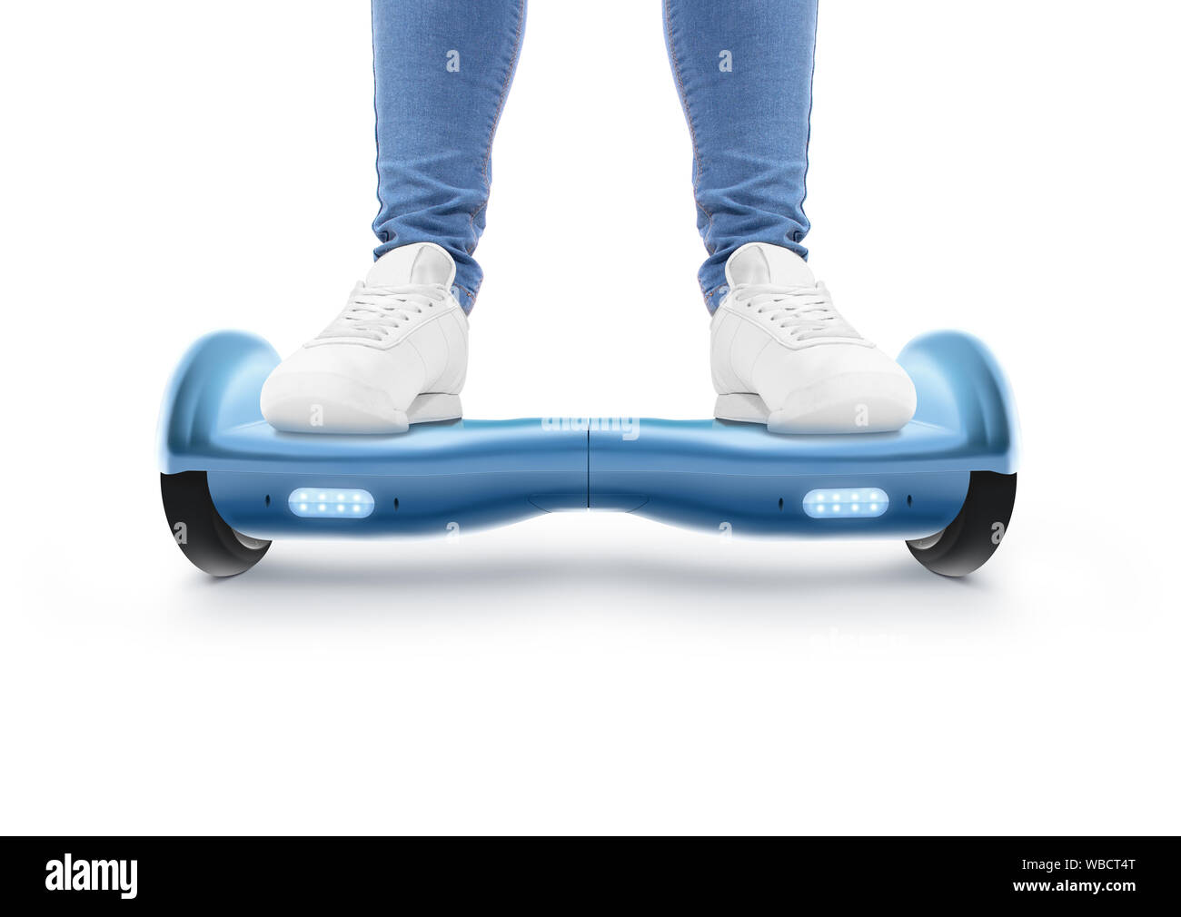 Man stand on blue hyro scooter isolated Stock Photo