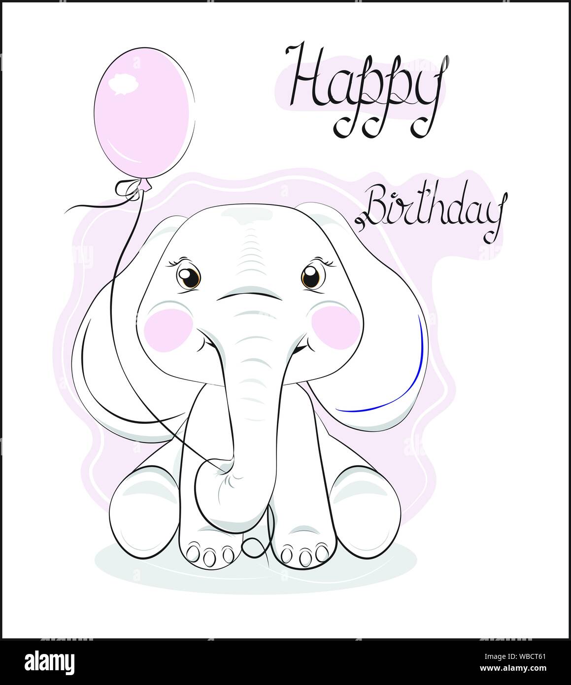 the lovely drawn baby elephant calf, with balloon, Happy birthday card Stock Vector