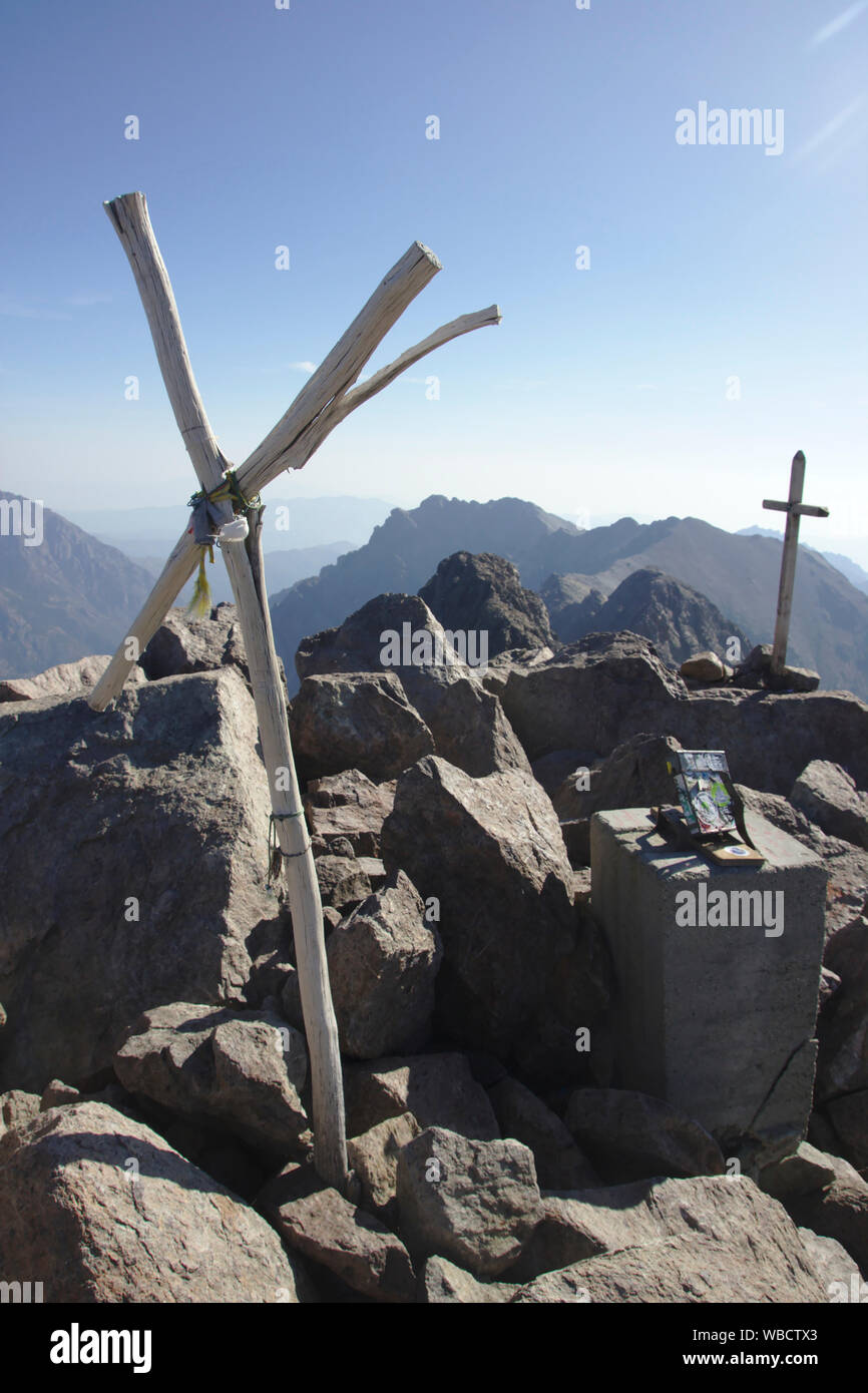 Crosses on summit of Monte Cinto, France, Corsica Stock Photo