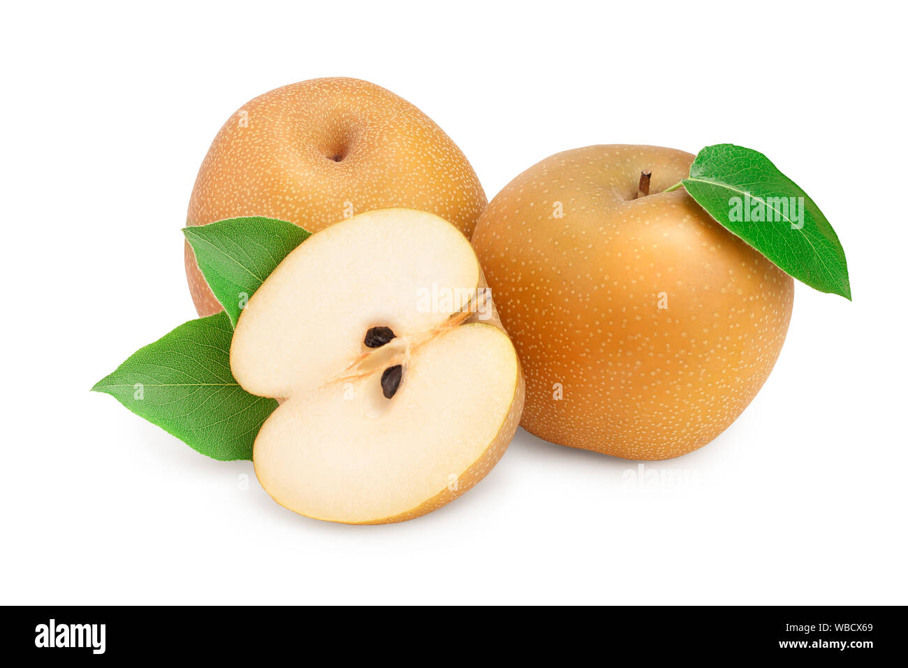 Fresh asian pears with leaf isolated on white background Stock Photo