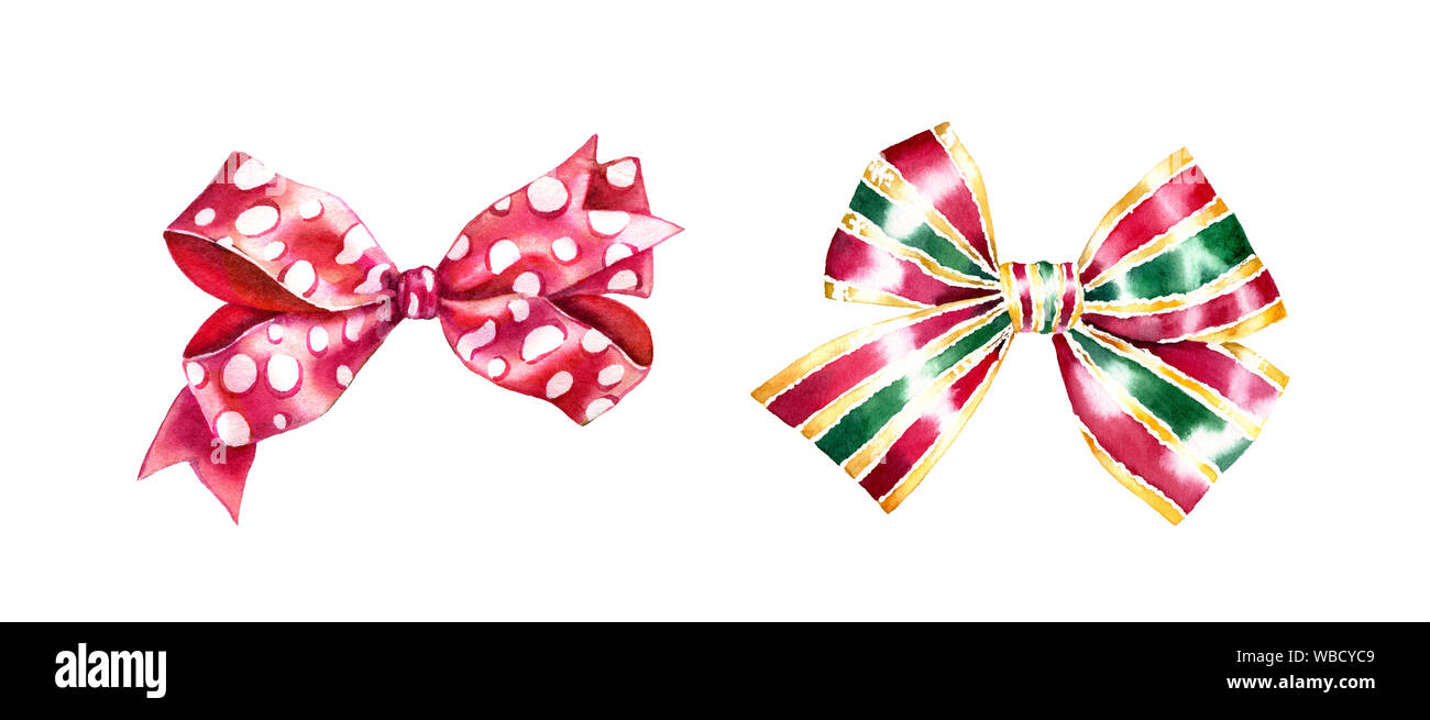 Watercolor present bows set. Hand painted ribbons isolated illustration. Realistic painting for winter holidays, Christmas, New Year, Birthday event. Stock Photo