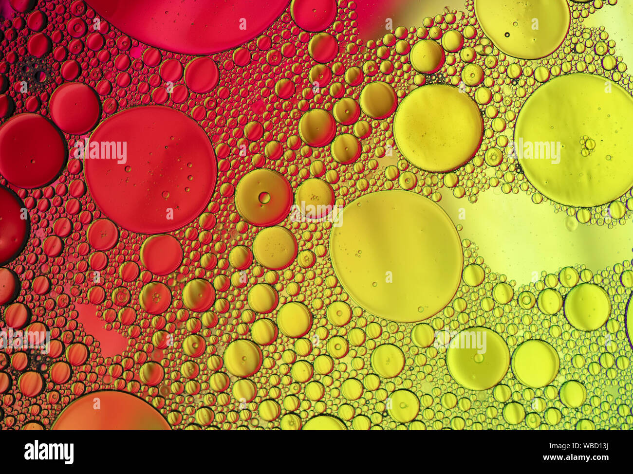 Multi-coloured bubble patterns formed by oil floating on water Stock ...