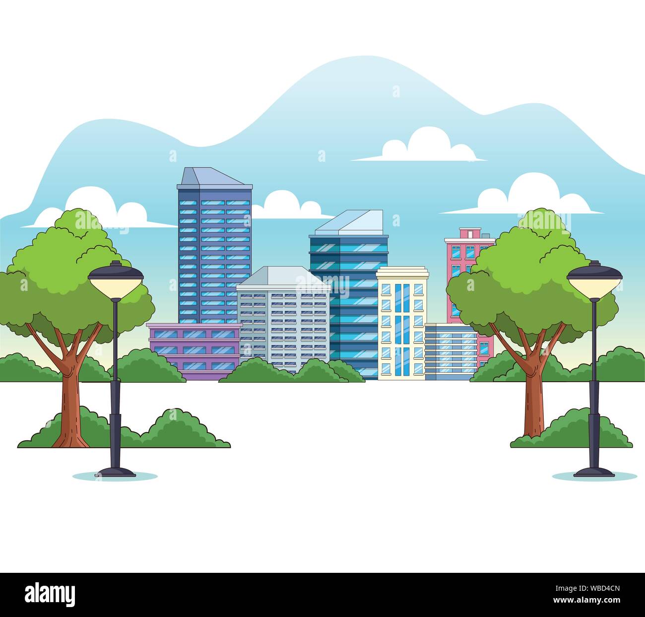 City buildings and park with trees scenery Stock Vector Image & Art - Alamy