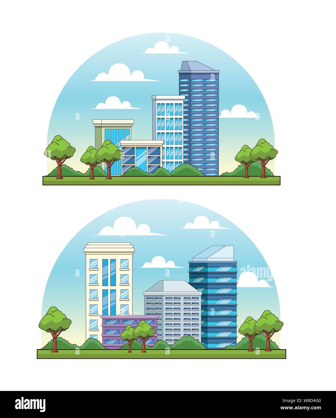 Set of City buildings and park with trees scenery Stock Vector Image ...