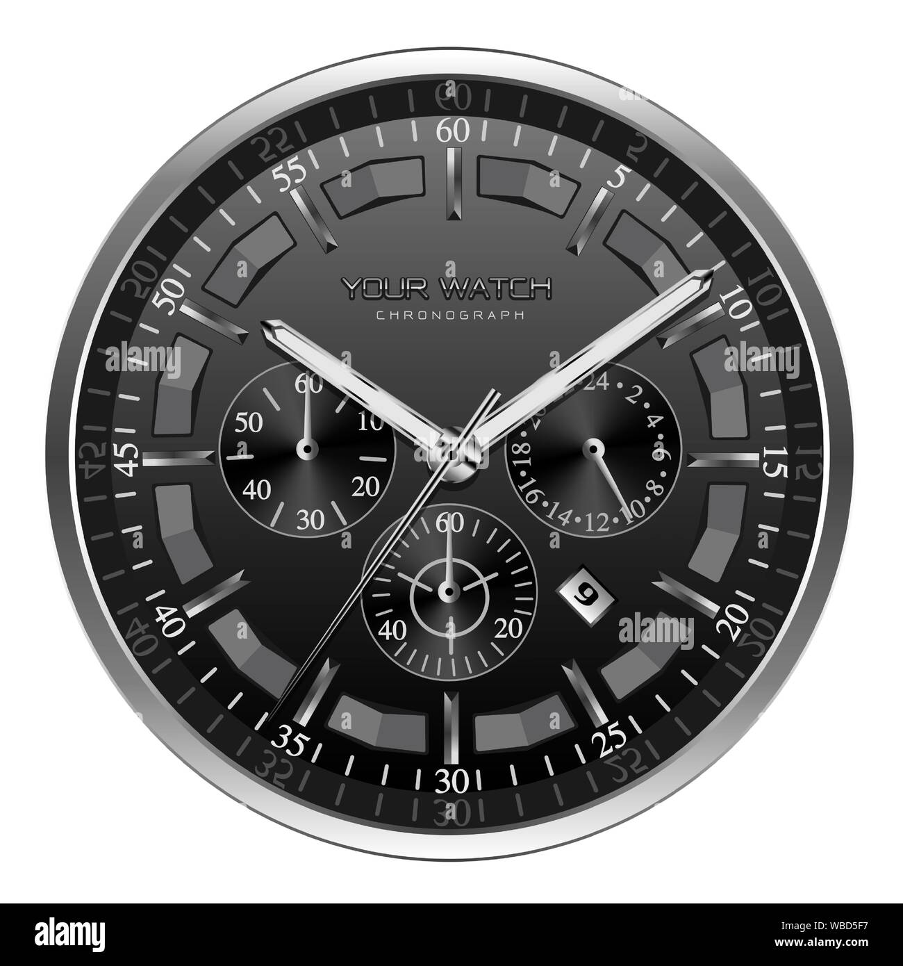 Realistic black silver clock watch face chronograph luxury on white background vector illustration. Stock Vector