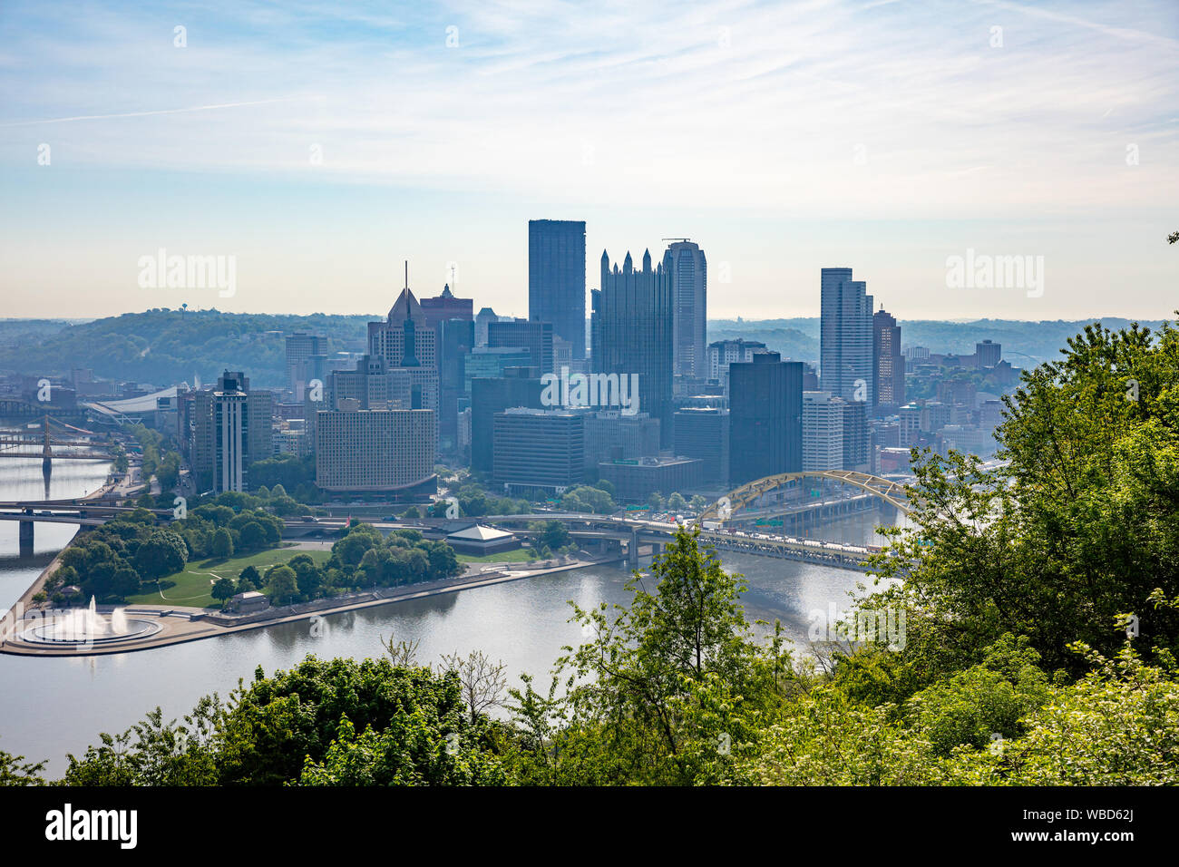 Pittsburgh city downtown aerial view from Point of view park, sunny spring day. Pennsylvania, USA Stock Photo