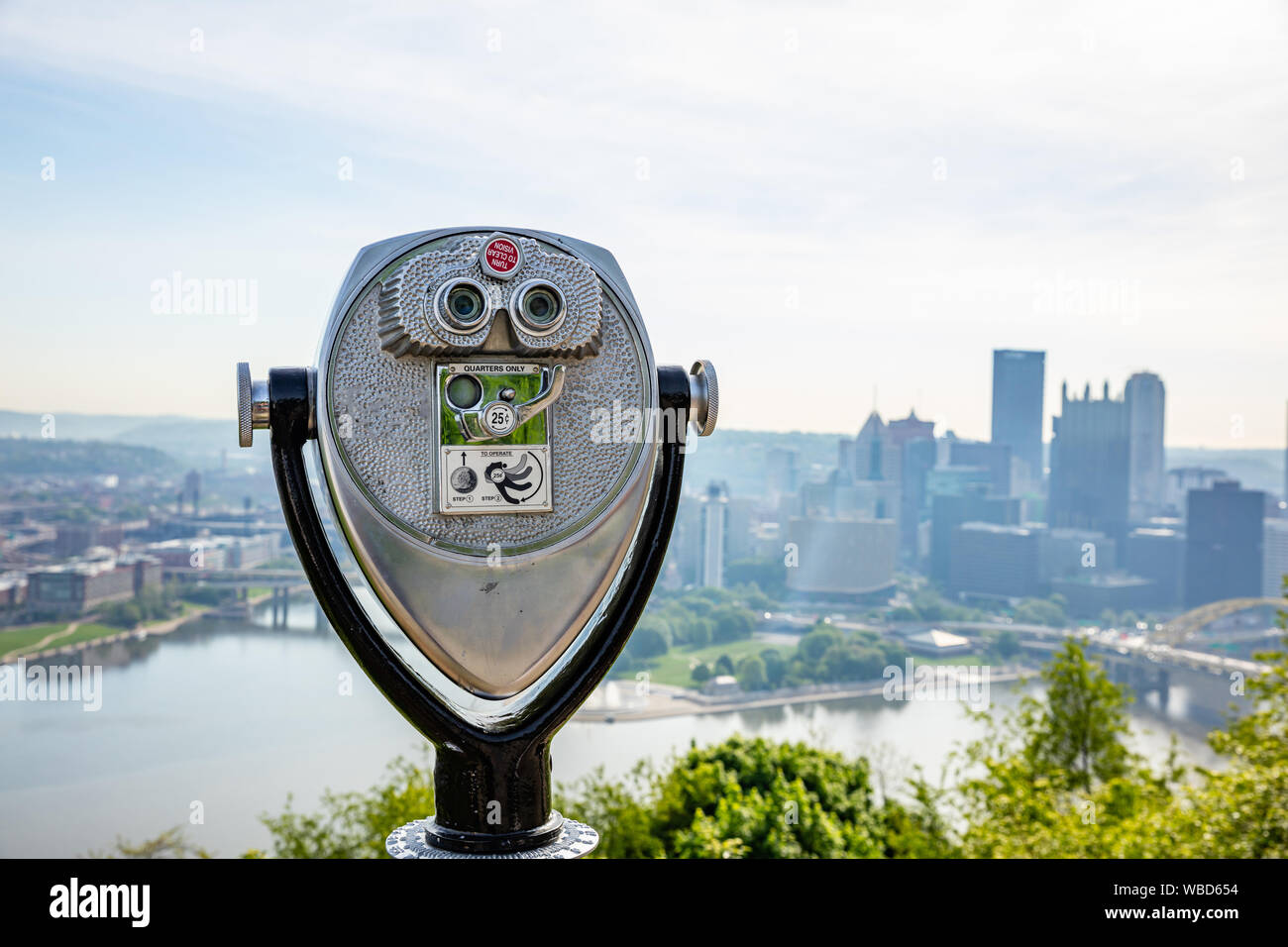 Pittsburgh city downtown aerial view from Point of view park binocular, sunny spring day. Pennsylvania, USA Stock Photo