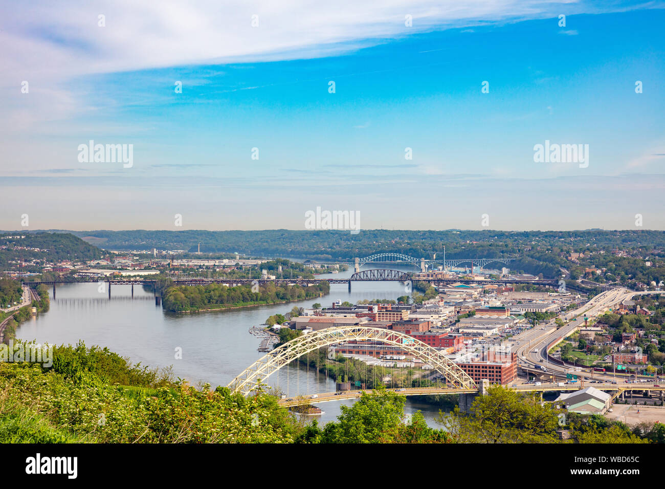 Pittsburgh city downtown aerial view from Point of view park, sunny spring day. Pennsylvania, USA Stock Photo