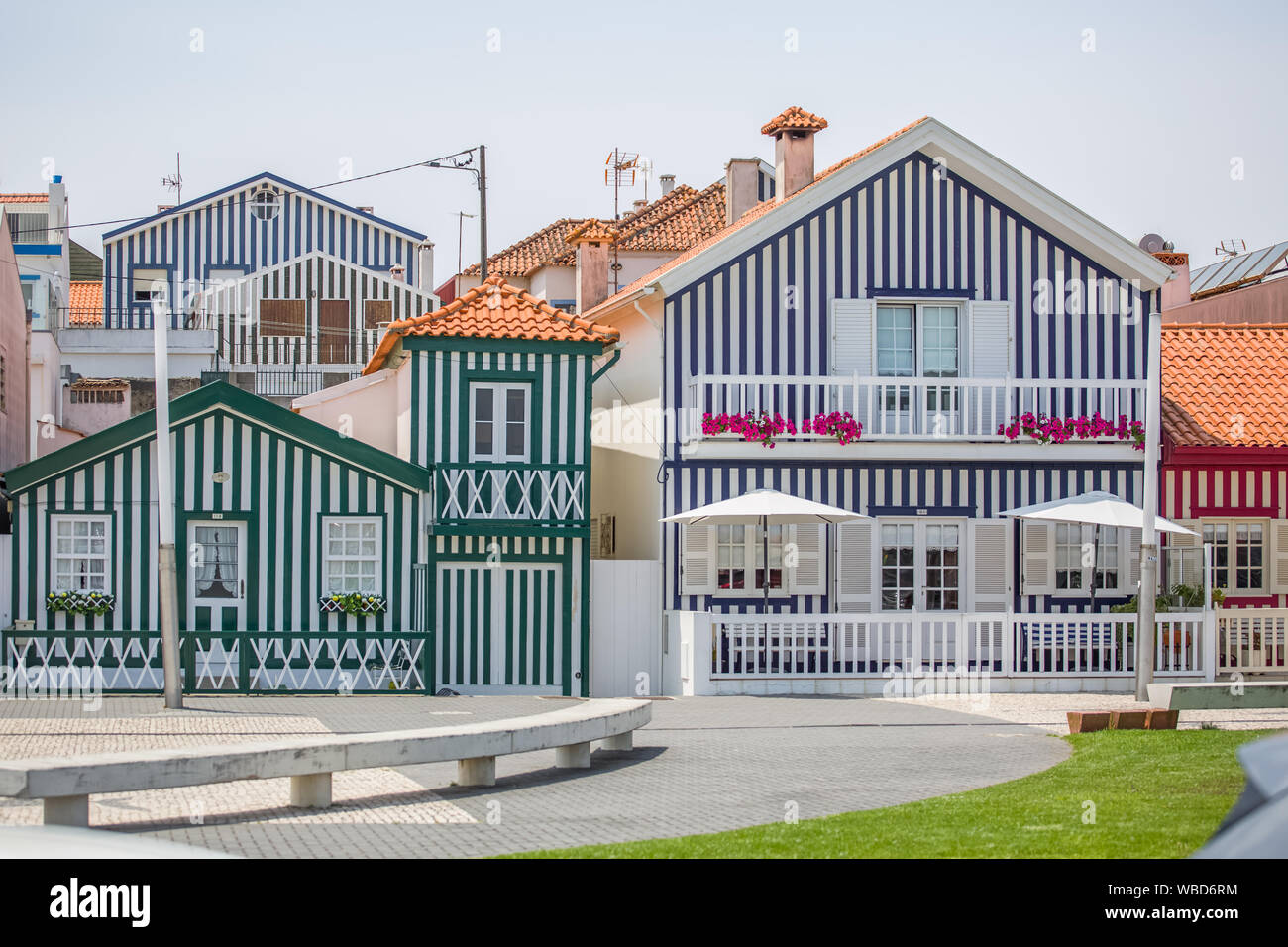 Ilhavo / Aveiro / Portugal - 07 19 2019 : View of typical Costa Nova beach house, colorful striped wooden beach houses Stock Photo