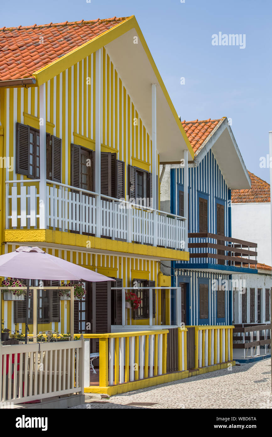 Ilhavo / Aveiro / Portugal - 07 19 2019 :View of typical Costa Nova beach house, colorful striped wooden beach houses Stock Photo