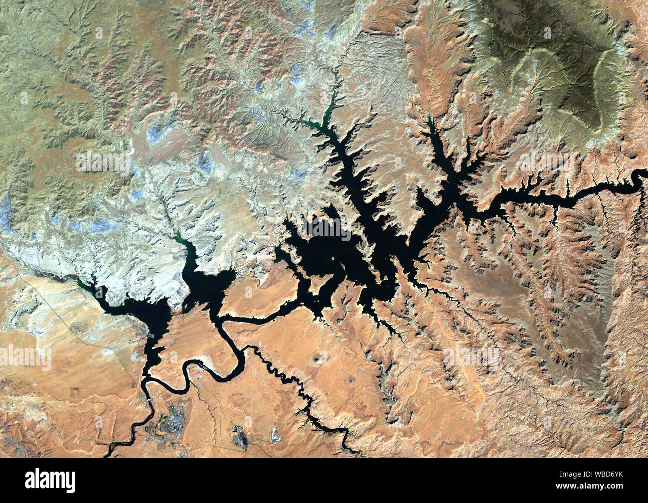 Color satellite image of Lake Powell, Utah and Arizona, United States. This image was compiled from data acquired by Sentinel-2 & Landsat 8 satellites. Stock Photo