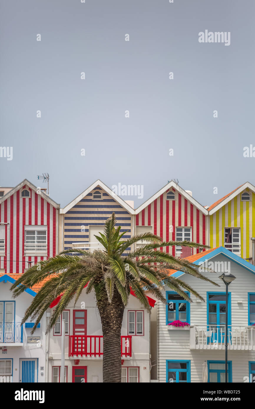 Ilhavo / Aveiro / Portugal - 07 19 2019 : View of typical Costa Nova beach house, colorful striped wooden beach houses Stock Photo