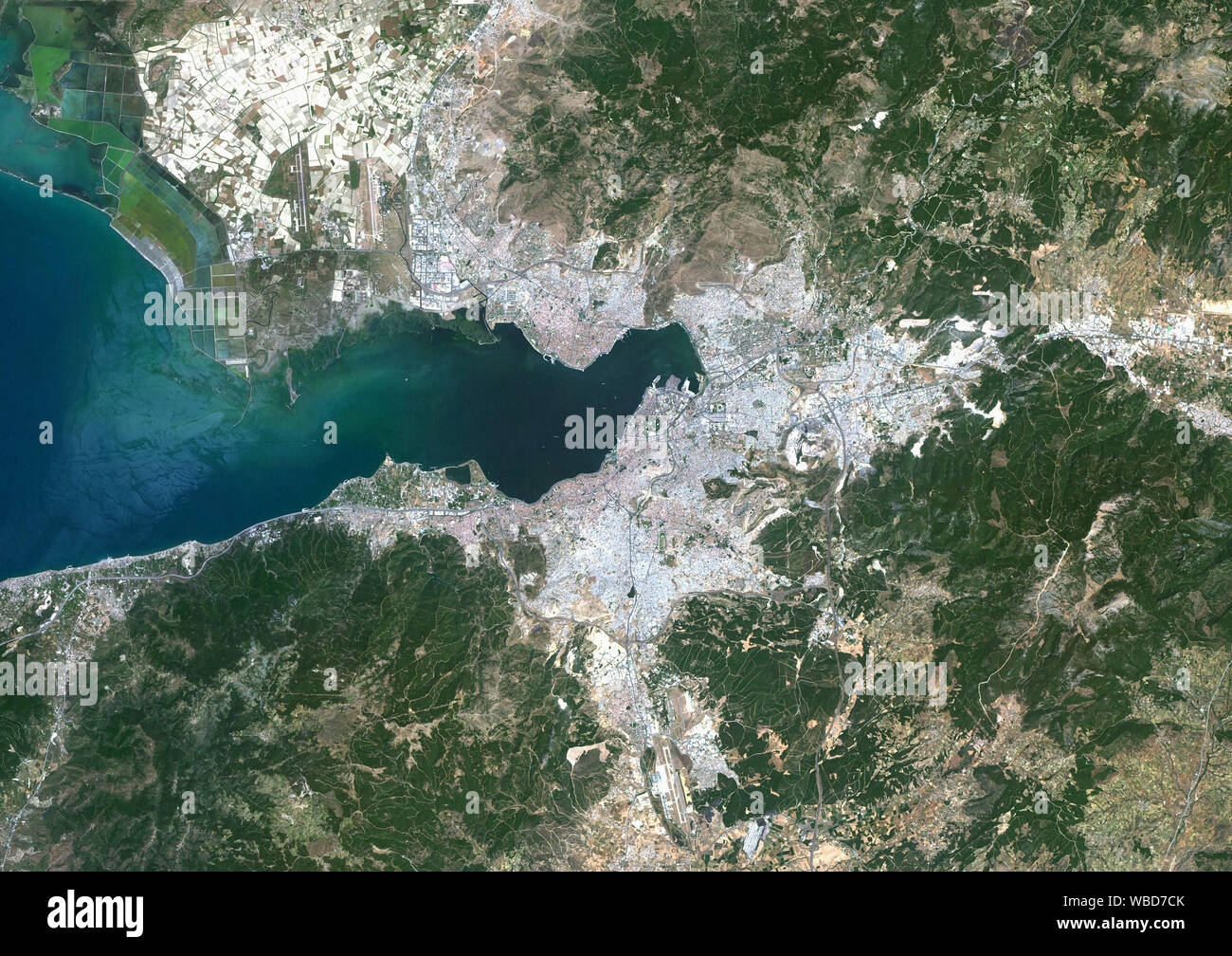 Color satellite image of Izmir, Turkey, located on the Aegean Sea. Image collected on May 18, 2013 by Landsat 8 satellite. Stock Photo