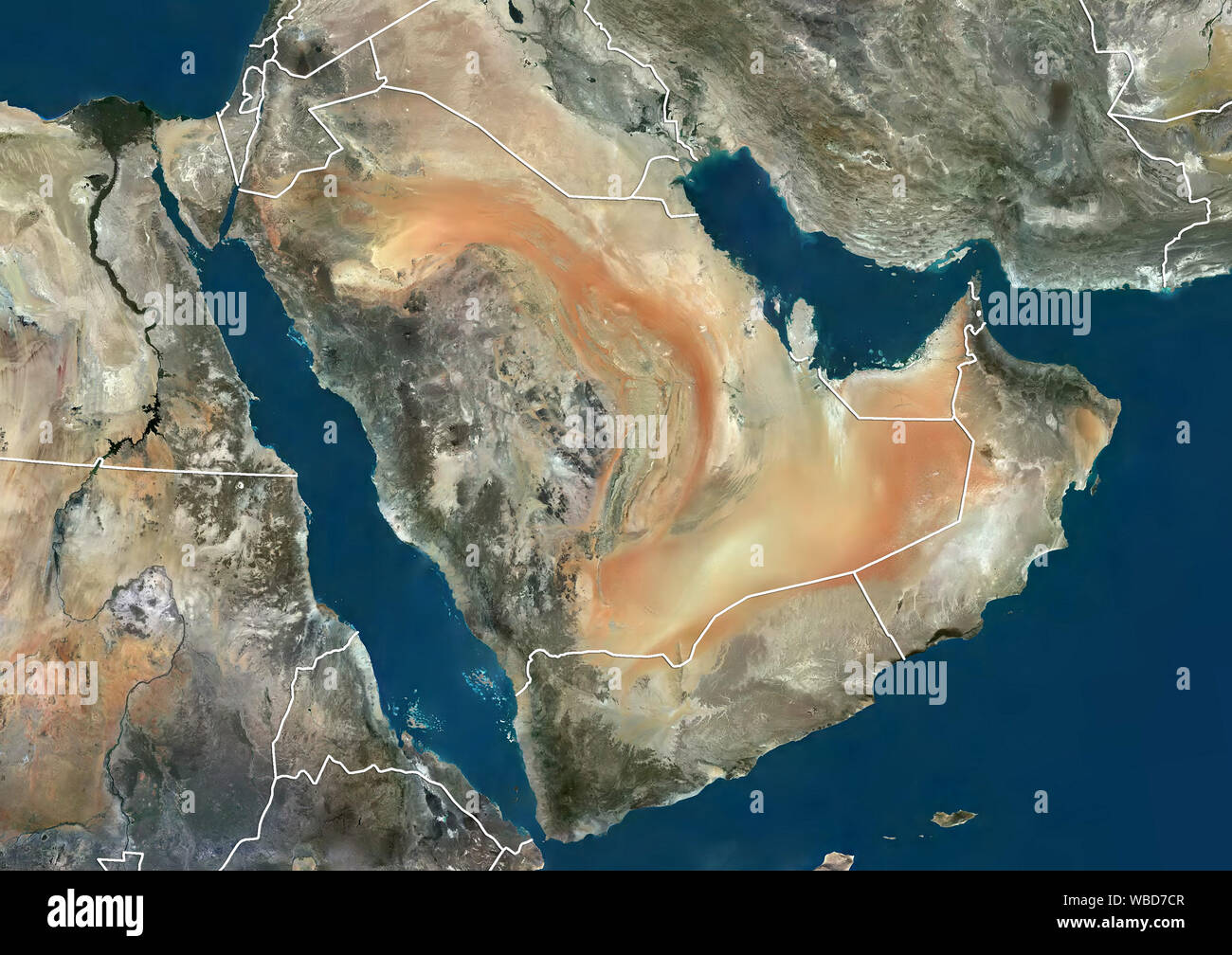Color satellite image of the Middle East (with administrative boundaries). This image was compiled from data acquired by Sentinel-2 satellites. Stock Photo