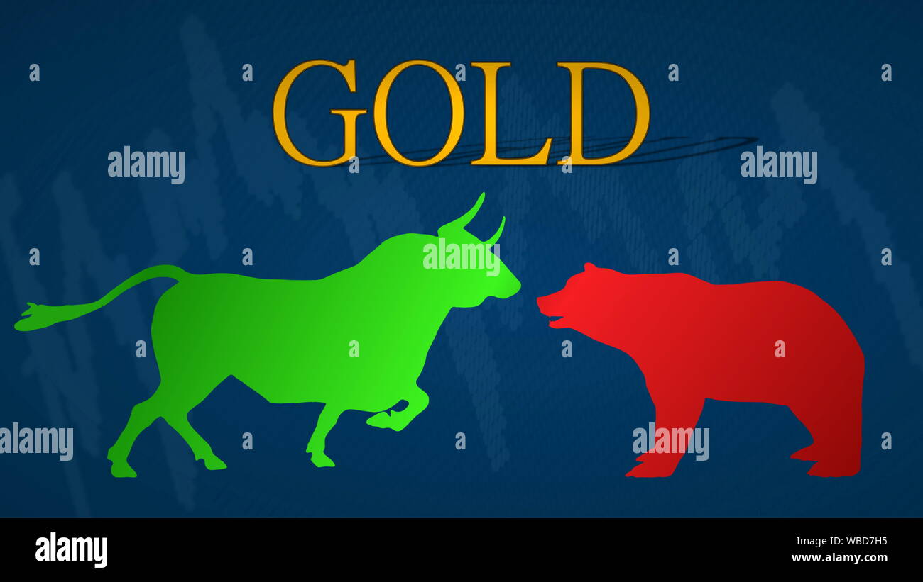 Illustration of a standoff between the market's bulls and bears in the commodities market of gold. A green bull versus a red bear with a blue... Stock Photo