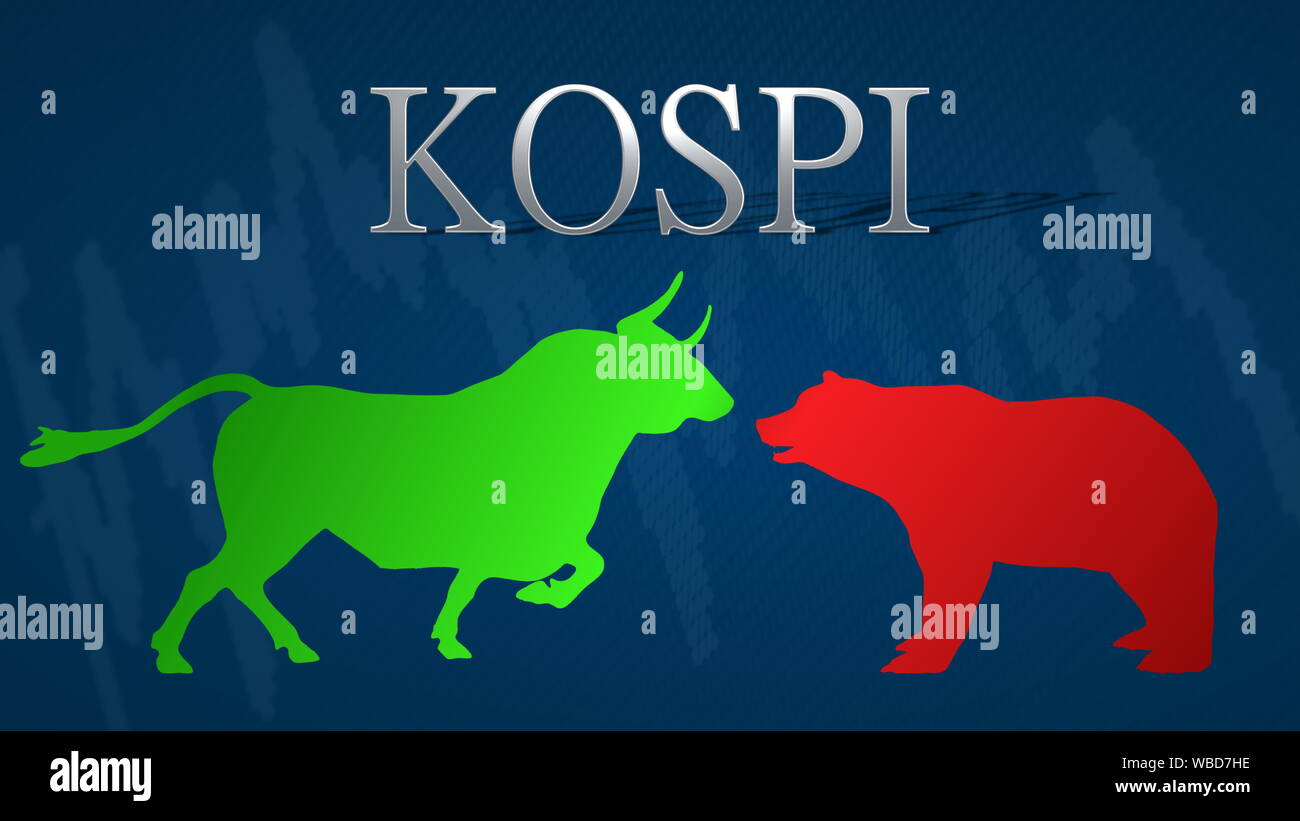 Illustration of standoff between the market's bulls and bears in the Korea Composite Stock Price Index KOSPI. A green bull versus a red bear with a... Stock Photo
