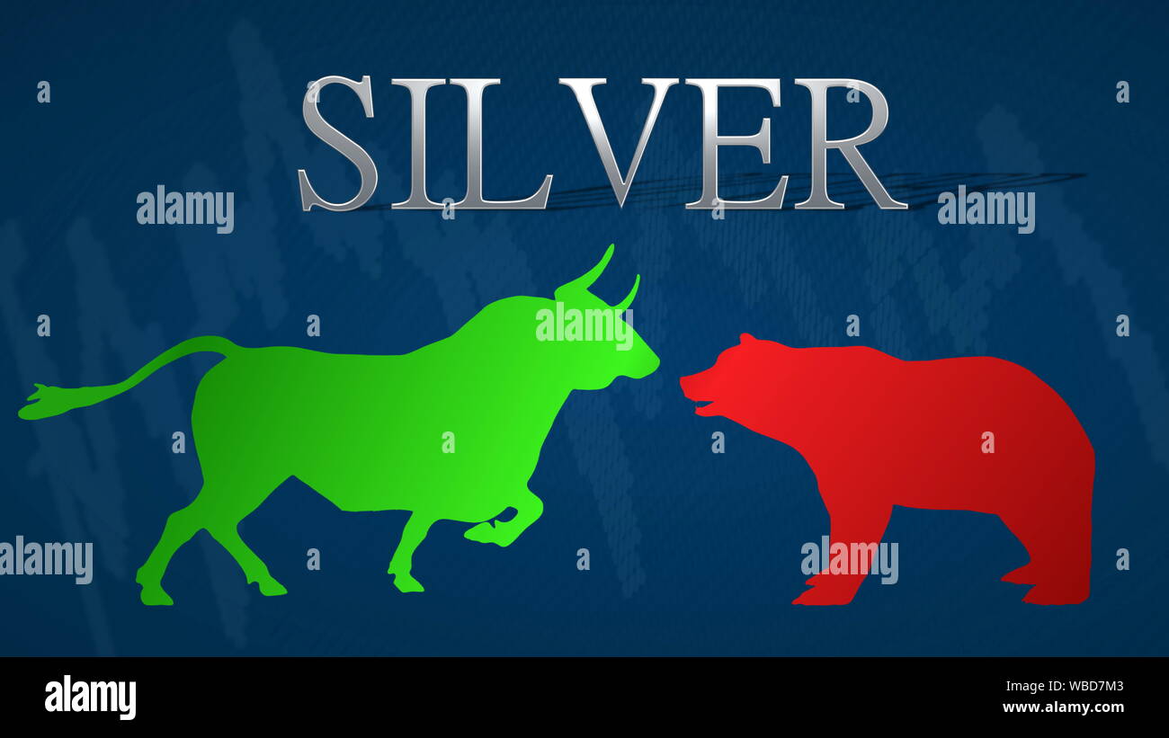 Illustration of a standoff between the market's bulls and bears in the commodities market of silver. A green bull versus a red bear with a blue... Stock Photo