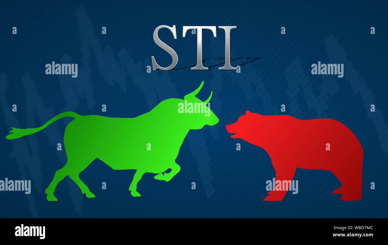Illustration of a standoff between the market's bulls and bears in the stock market index STI, the Straits Times Index of Singapore. A green bull... Stock Photo