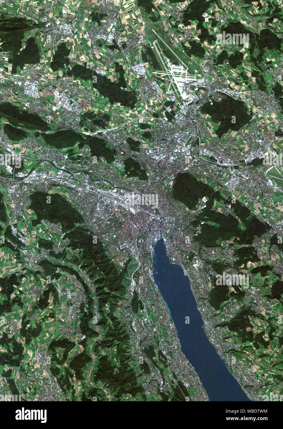 Color satellite image of Zurich, Switzerland. Image collected on September 27, 2018 by Sentinel-2 satellites. Stock Photo