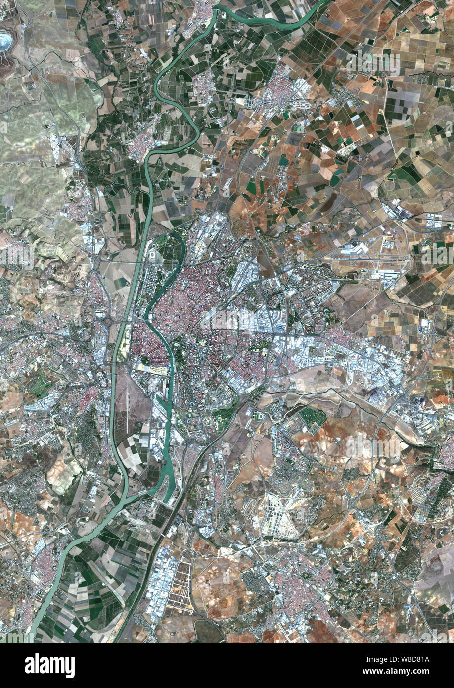 Color satellite image of Seville, Spain. Image collected on October 4, 2018 by Sentinel-2 satellites. Stock Photo