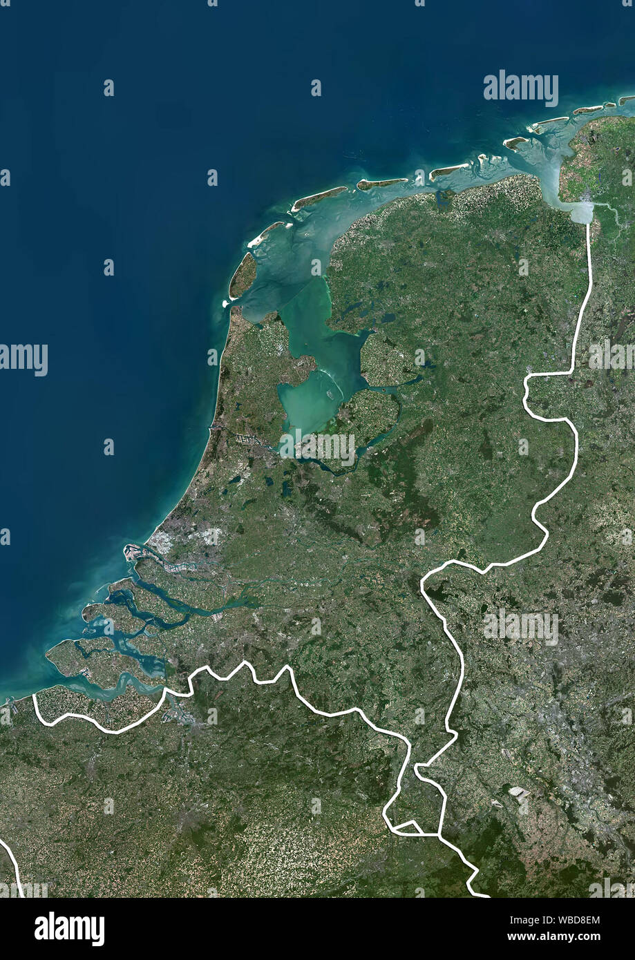 Color satellite image of the Netherlands (with administrative boundaries). This image was compiled from data acquired by Sentinel-2 & Landsat 8 satellites. Stock Photo